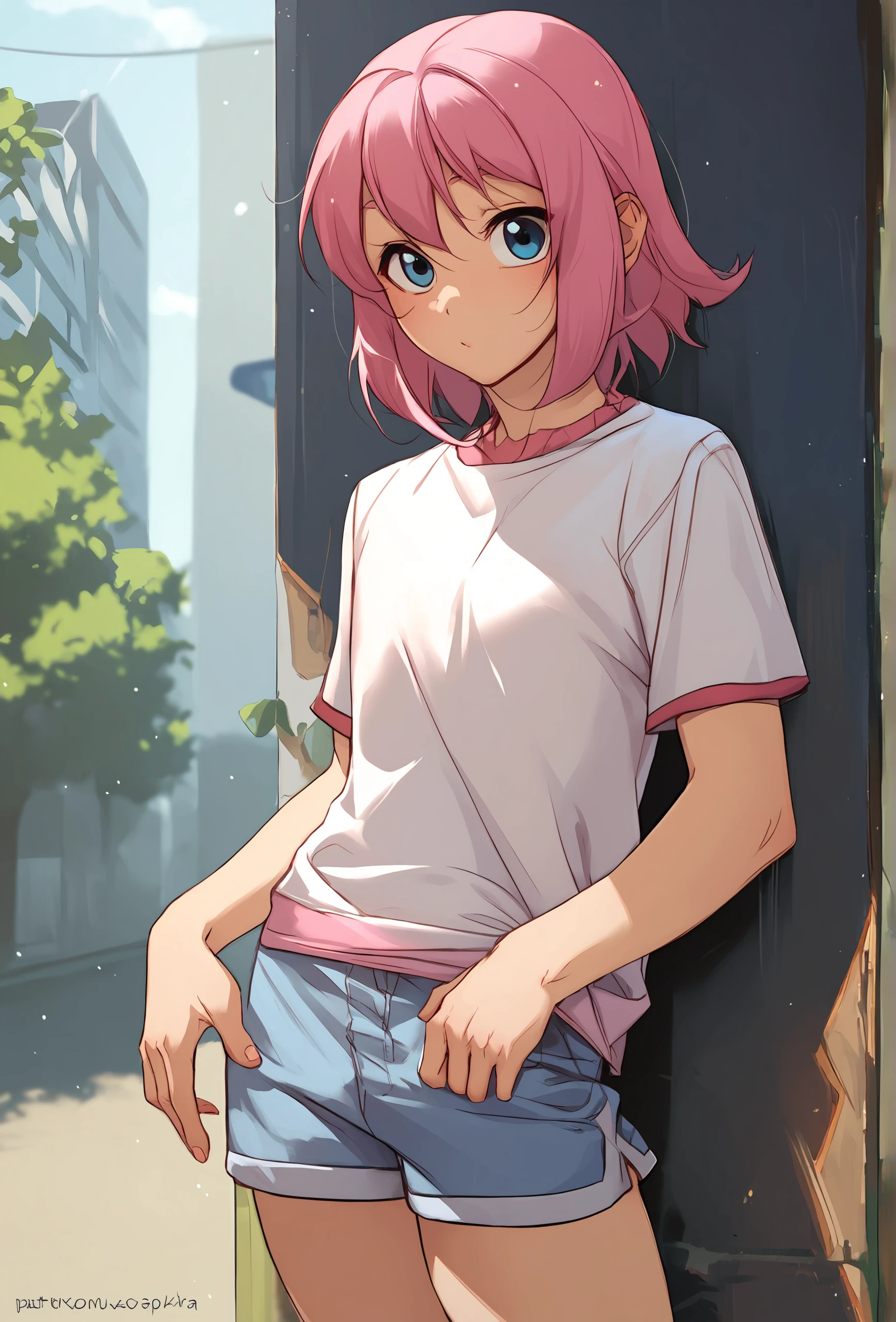 score_9, score_8_up, score_7_up, score_6_up, score_5_up, score_4_up, outdoors, BREAK
<lora:iskra_style_ponyXL_v1:1> iskrastyle, 1boy, solo, otoko no ko, pink hair, sidelocks, medium hair, t-shirt, shorts, looking at viewer,