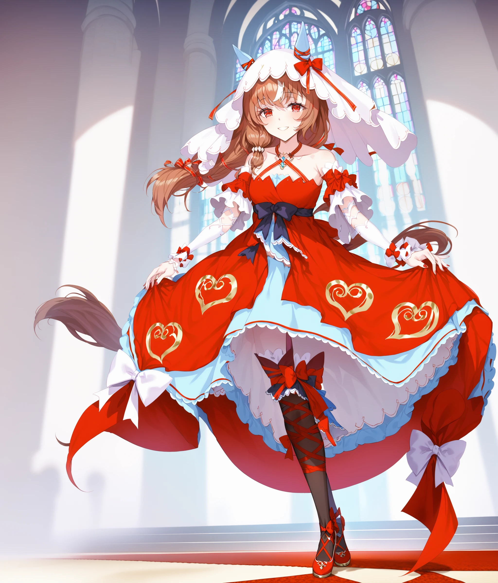 score_9, score_8_up, score_7_up, source_anime, 2D, anime BREAK
masterpiece, highly_detailed, highres,
church, dark, night, dynamic pose, dress_lift,
shobofuku, <lora:StillinLove_v1-ponyXL:1>, full body,
1girl, , mature, tall, solo, red eyes, bare shoulders, small breasts, horse ears, horse tail, yandere, yandere trance,
bangs, eyebrows visible through hair, long brown hair, streaked hair, hair between eyes, hair scrunchie, veil,
criss-cross halter, red dress, detached sleeves, black thighhighs, ribbon leg wrapping, (red footwear),
dress bow, ribbon, bow, red bow, jewelry, (red nails),
smile, blush, standing,