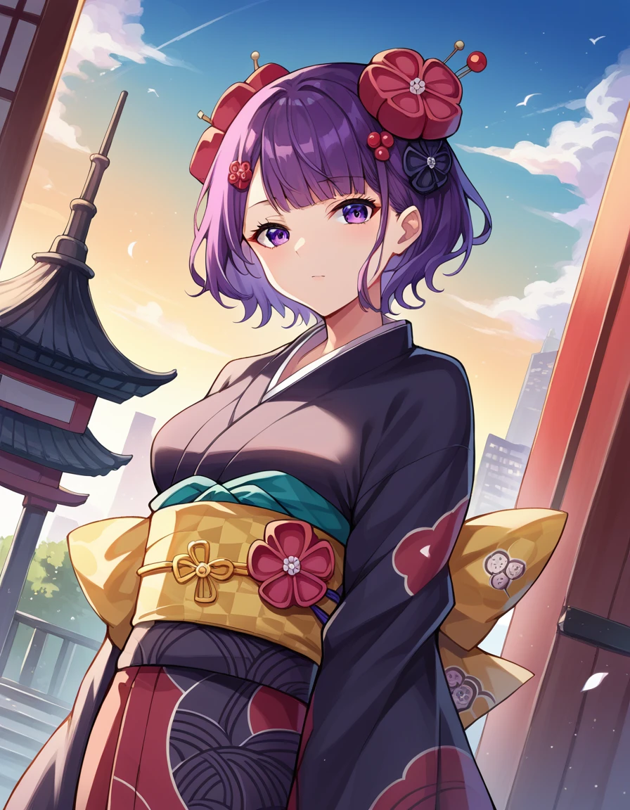 score_9, score_8_up, score_7_up, source_anime,
katsushikahokusai, <lora:katsushika-hokusai-ponyxl-lora-nochekaiser:1>
hokusai, bangs, purple eyes, purple hair, mature female,
short hair, hair ornament, flower, hair flower, hairpin, japanese clothes, kimono, sash, obi, red kimono, black kimono,
outdoors, cityscape,
looking at viewer, dutch angle, cowboy shot
