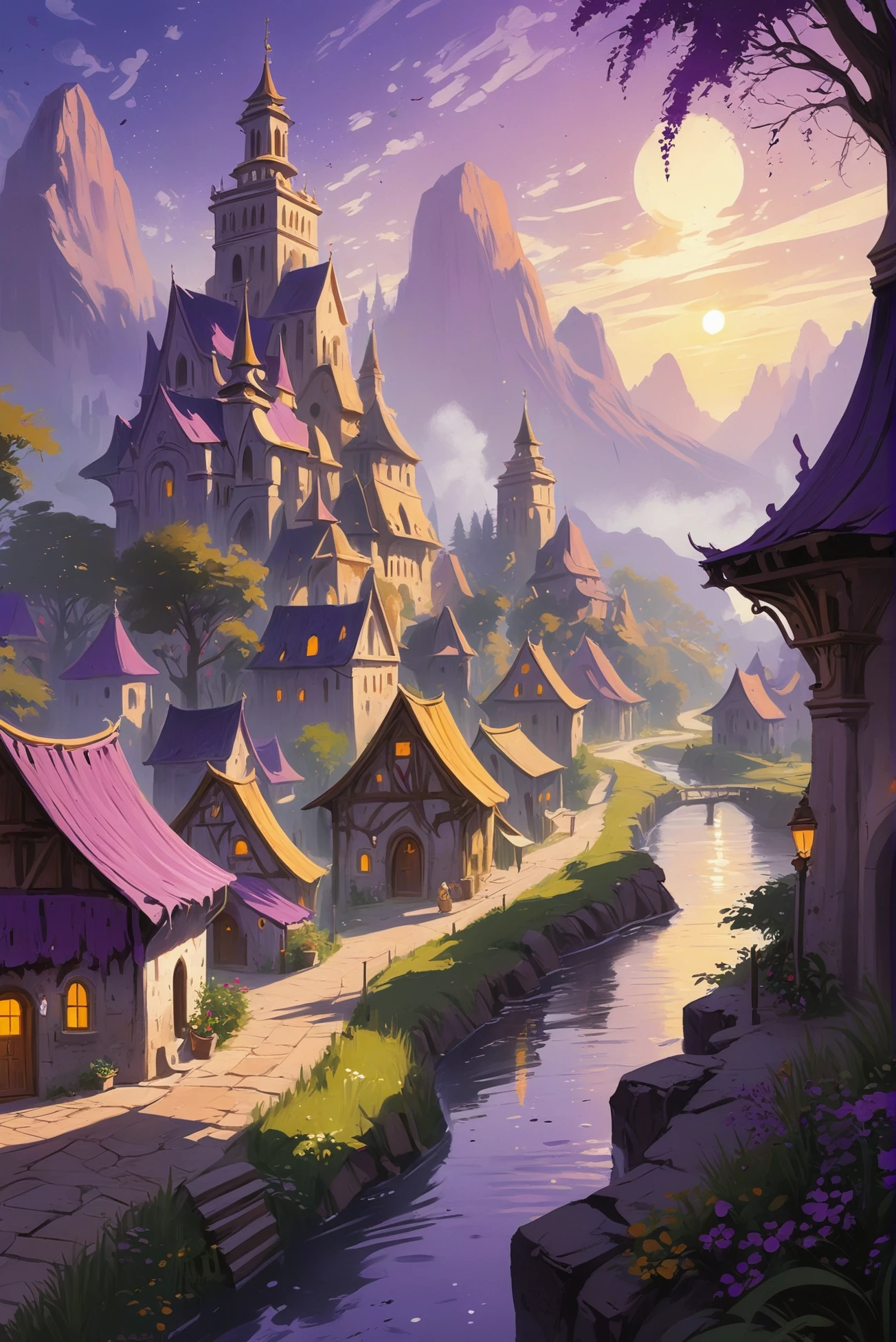 digital painting, <lora:EnvyLavendarFantasyXL01:1> idyllic fantasy hamlet in a Sacred Temples