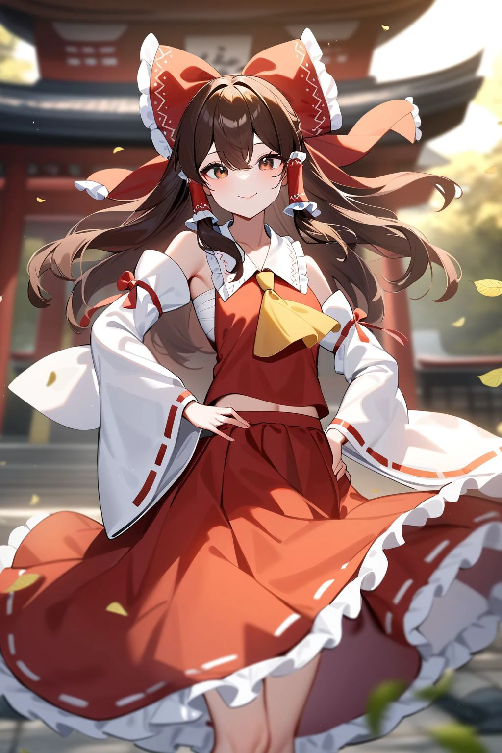 normal quality, 1girl, solo, detached sleeves, bow, hair bow, red bow, brown hair, ascot, hair tubes, skirt, frills, red skirt, yellow ascot, wide sleeves, looking at viewer, hand on own hip, standing, frilled bow, outdoors, wind, brown eyes, red shirt, frilled skirt, smile, shirt, blurry, ribbon trim, skirt set, ribbon-trimmed sleeves, architecture, sidelocks, frilled shirt collar, closed mouth, bare shoulders, sarashi, red vest, long skirt, feet out of frame, east asian architecture, petticoat, nontraditional miko, hair between eyes, hakurei shrine, shrine, sunlight, leaf, long sleeves, floating hair, blurry background, hakurei_reimu, <lora:hakurei_reimu XL:1>, Standing on the ground,frontal,front view,Positive por,masterpiece,best quality,very aesthetic,absurdres