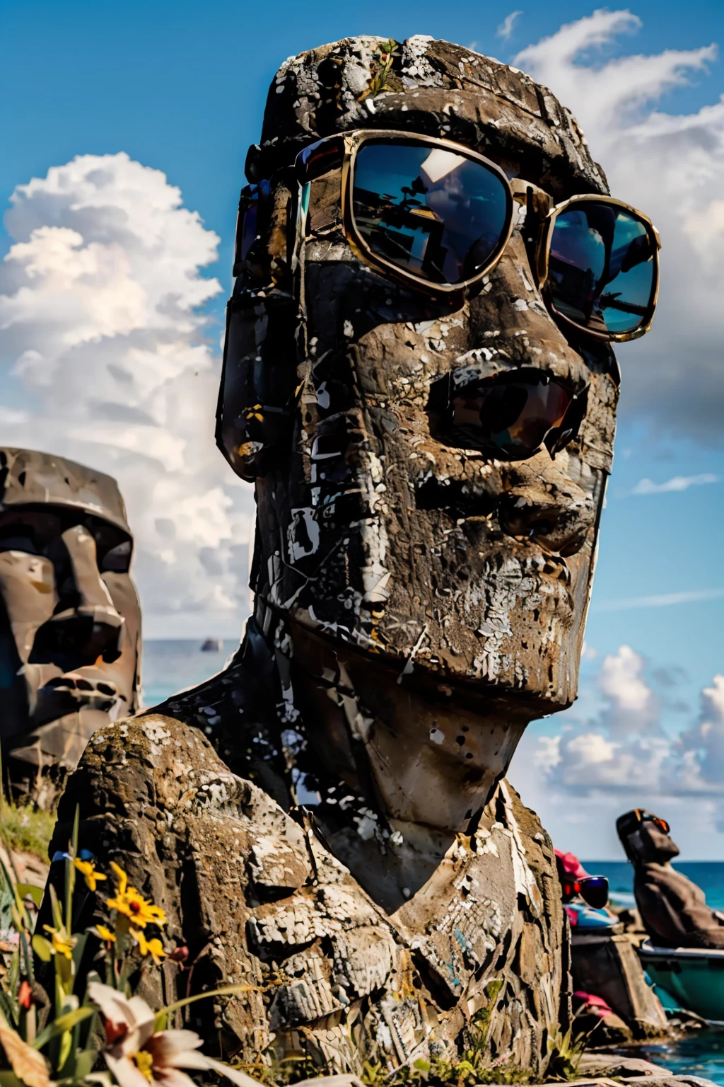 (ultra realistic,32k, masterpiece:1.2),(high detailed skin:1.1),( high quality:1.1), <lora:Moai:0.8>, moai, solo, 1boy, male focus, outdoors, sky, day, blue sky, ocean, sunglasses, eyewear on head, realistic
