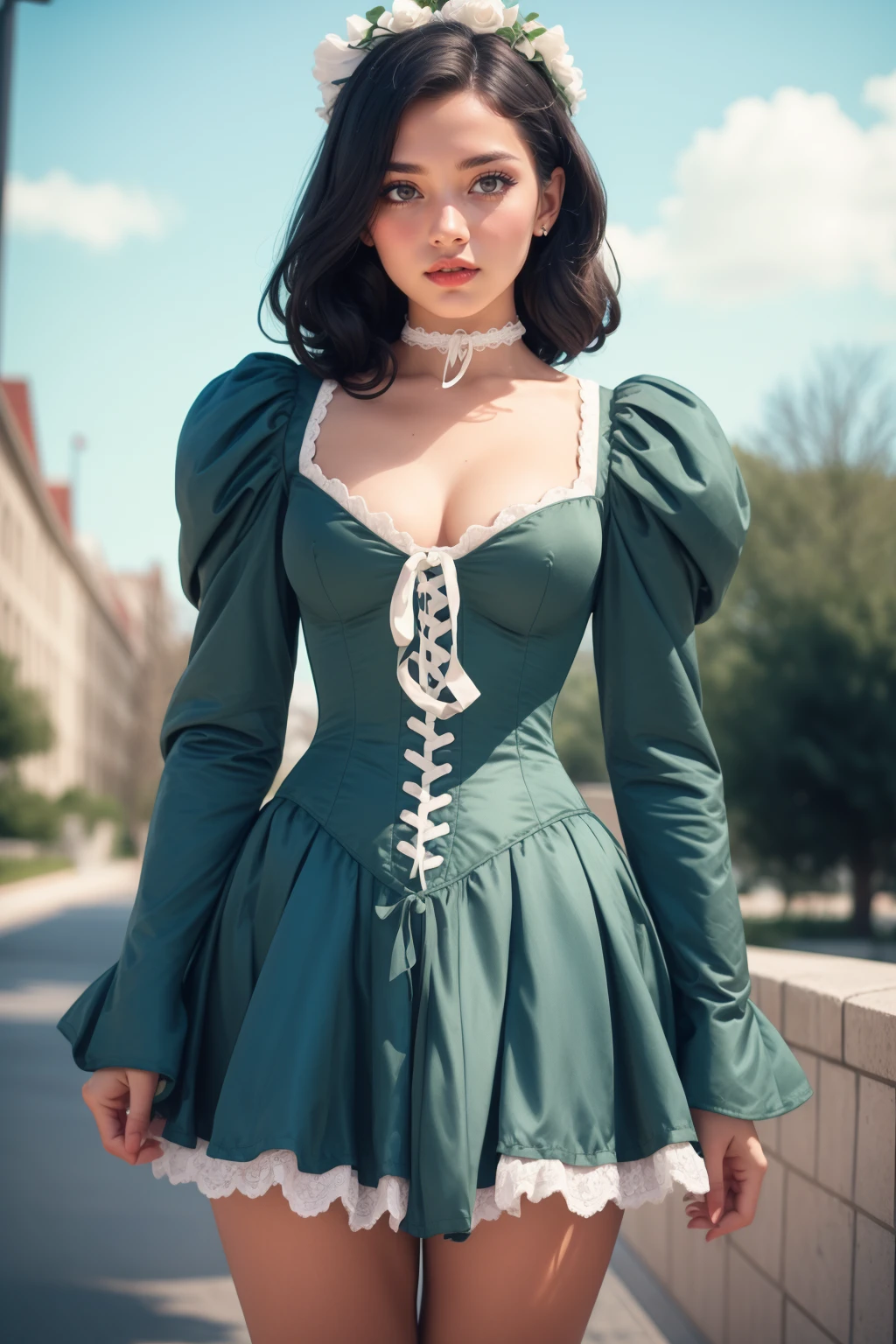 analog film photo solo, adult beautiful woman, high quality, best quality, highres, high detail braided crown, (flower hair garland:1.2) black hair hair, eyeliner, eyeshadow, makeup, iridescent lips <lora:LFMD-46:0.7> ,((satin)) mini dress, choker, laces, puffy long sleeves, lace trim, corset, ribbons . faded film, desaturated, 35mm photo, grainy, vignette, vintage, Kodachrome, Lomography, stained, highly detailed, found footage