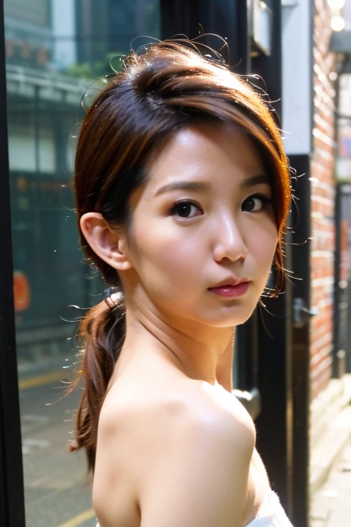 Best quality,masterpiece,ultra high res,photorealistic,1girl,slim body,japanese street alley,dynamic pose,face closeup,depth of field,<lora:shuyau_kuo:1>,