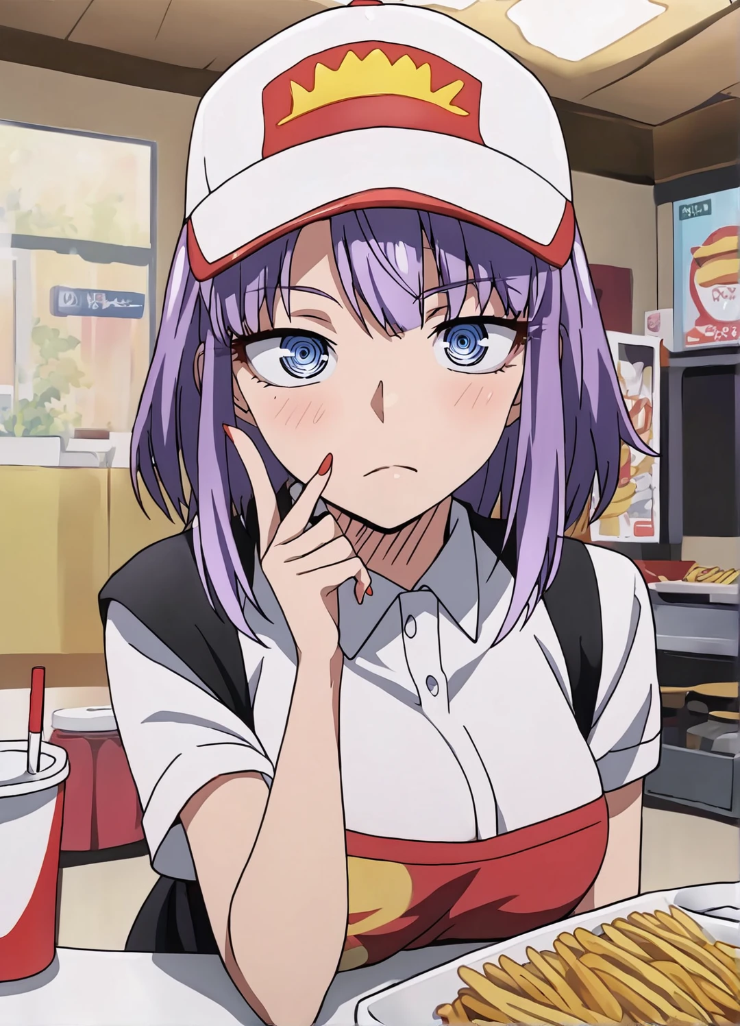 score_9, score_8_up, source_anime,1girl,hotaruXL, <lora:hotaruXL:1>,purple hair,short hair,inside a mcdonald's,detailed eyes,wearing a mcdonald's uniform,cap