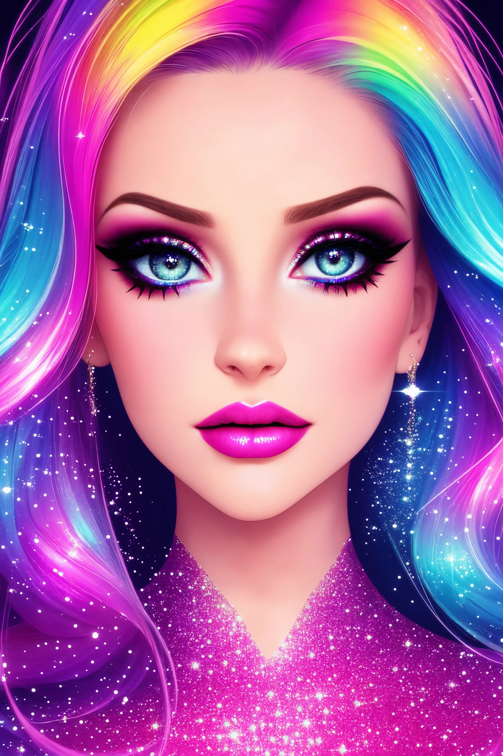 beautiful woman face, closeup, colorful makeup, sparkles, glitter, high contrast,
([Ni(:0)na( :0)Dobrev|Lana( :0)Del( :0)Rey]:0.9)
 highres, high quality, high resolution, hd, 4k, masterpiece,
realistic skin, doll, shinny skin, profile,
[(colorful explosion psychedelic paint colors:1.2)::0.20]