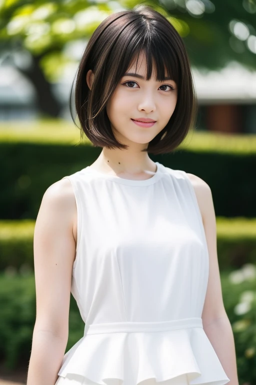 1girl,(RAW photo, best quality), (realistic, photo-realistic:1.4), masterpiece, an extremely delicate and beautiful, extremely detailed, 2k wallpaper, Amazing, finely detail, extremely detailed CG unity 8k wallpaper, ultra-detailed, highres, soft light, beautiful detailed girl, extremely detailed eyes and face, beautiful detailed nose, beautiful detailed eyes,cinematic lighting,perfect anatomy,slender body,
wearing a white avantgarde peplum dress and white skirt,(bokeh:1.2),
at a flower park,sakura flowers,flower garden,
<lora:hamabeminamiV2_lora:0.8>,smile,(hair with bangs),(tomboy haircut:1.2)