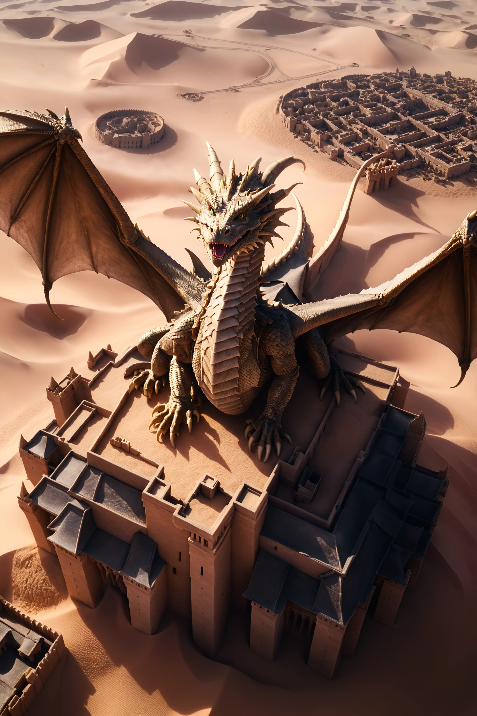 best quality, masterpiece, detailed, realistic, photorealistic, aerial\(ttp\), An aerial view of an ancient city built upon a colossal dragon, its scales serving as foundations for towers and palaces. The dragon slumbers in the heart of a vast desert, its breath creating oasis and sandstorms alike. The inhabitants are skilled dragon riders, soaring into the skies on their winged protectors. From above, the city is a testament to the symbiosis between man and myth, a fortress of wonder in an endless sea of sand.