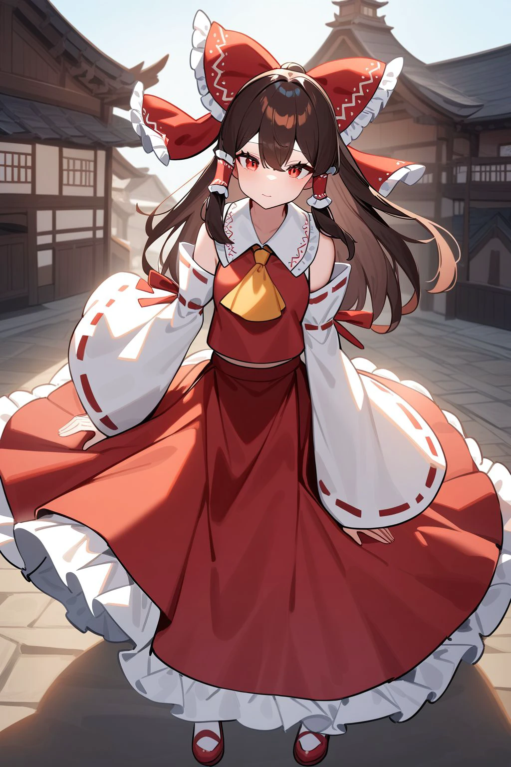 hakurei_reimu,1girl,solo,detached sleeves,bow,hair bow,red bow,brown hair,ascot,hair tubes,skirt,frills,red skirt,yellow ascot,wide sleeves,standing,frilled bow,red shirt,frilled skirt,ribbon-trimmed sleeves,architecture,sidelocks,frilled shirt collar,closed mouth,bare shoulders,red vest,long skirt,petticoat,nontraditional miko,hair between eyes,, <lora:hakurei_reimu XL:1>, Standing on the ground,frontal,front view,Positive por,masterpiece,best quality,very aesthetic,absurdres