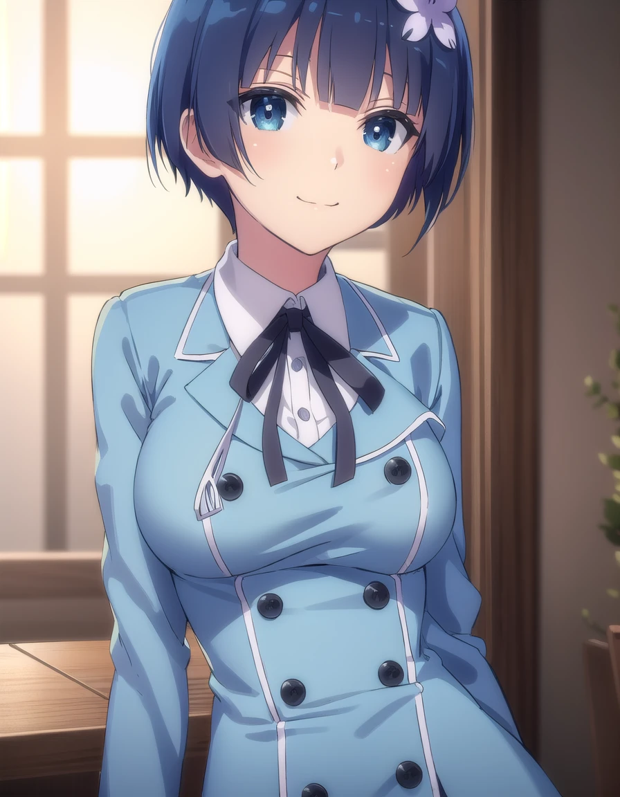 skyozakura, <lora:sk yozakura s1-lora-nochekaiser:1>,
yozakura, short hair, blue eyes, hair ornament, blue hair, hair flower,
BREAK shirt, long sleeves, ribbon, school uniform, jacket, white shirt, black ribbon, neck ribbon, buttons, grey jacket,
BREAK indoors, classroom,
BREAK looking at viewer, (cowboy shot:1.5), smile,
BREAK <lyco:GoodHands-beta2:1>, (masterpiece:1.2), best quality, high resolution, unity 8k wallpaper, (illustration:0.8), (beautiful detailed eyes:1.6), extremely detailed face, perfect lighting, extremely detailed CG, (perfect hands, perfect anatomy),