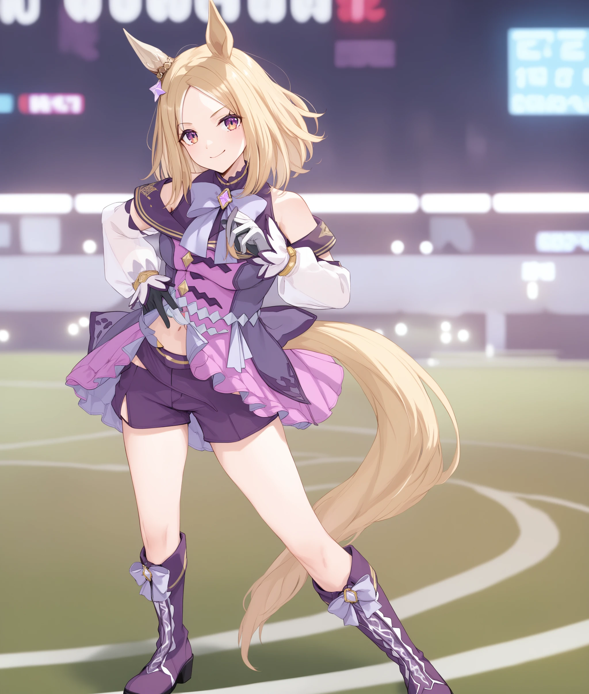 score_9, score_8_up, score_7_up BREAK
grassland, racing,
shobufuku, 1girl, solo, looking at viewer, smile, blonde hair, gloves, long sleeves, bow, animal ears, standing, purple eyes, tail, full body, boots, shorts, puffy sleeves, white gloves, medium hair, horse ears, horse girl, horse tail, purple footwear, purple shorts,
mismatch gloves, asymmetrical gloves, black glove, five fingers,
<lora:Naritatoproad-ponyXL-000007:1>,