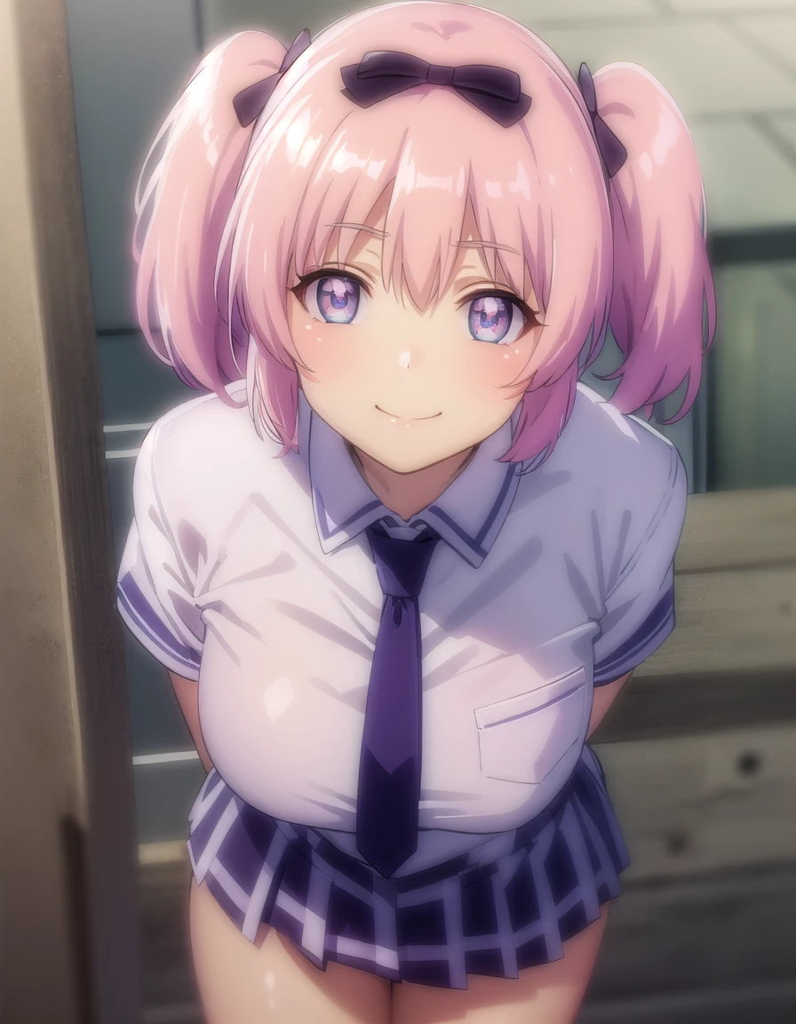 skhibari, <lora:sk hibari s1-lora-nochekaiser:1>,
hibari, short hair, bow, twintails, pink hair, hair bow, symbol-shaped pupils, short twintails, blue eyes,
BREAK skirt, bow, school uniform, necktie, purple skirt,
BREAK outdoors, classroom,
BREAK looking at viewer, (cowboy shot:1.5), smile,
BREAK <lyco:GoodHands-beta2:1>, (masterpiece:1.2), best quality, high resolution, unity 8k wallpaper, (illustration:0.8), (beautiful detailed eyes:1.6), extremely detailed face, perfect lighting, extremely detailed CG, (perfect hands, perfect anatomy),