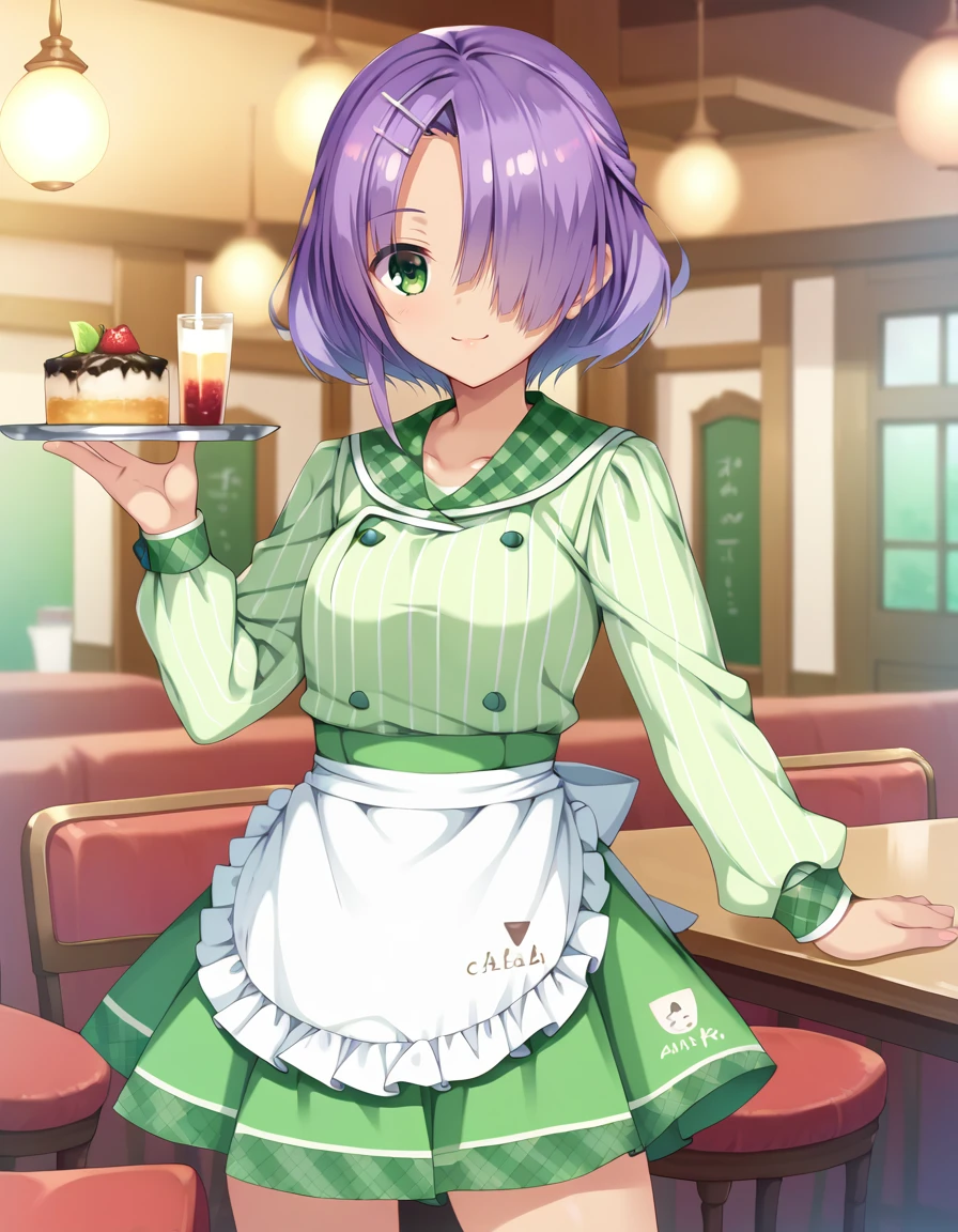 score_9, score_8_up, score_7_up, source_anime,
pinup of 1girl, solo, cinematic photo, blurry background, depth of field,
greeting at entrance, in cafe, smile, holding tray,
<lora:HiuchidaniMei_pony_v1a:0.9>
hucdnmi, short hair, purple hair, bangs,hair over one eye, hair ornament, green eyes, hairclip, small breasts,
waitress, green shirt, striped shirt, vertical stripes, plaid sailor collar, long sleeves, puffy sleeves, green skirt, miniskirt, pleated skirt, thighs, waist apron, white frilled apron,
detailed eyes, eye refraction,