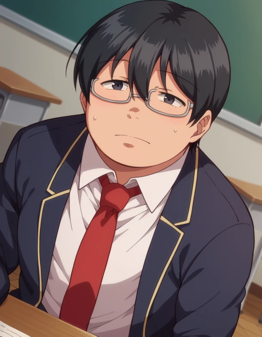 score_9, score_8_up, score_7_up, source_anime,
tazaki, <lora:tazaki-ponyxl-lora-nochekaiser:1>
tazaki, male focus, black hair, black eyes, glasses, hair between eyes, fat,
school uniform, blazer, necktie, shirt, white shirt, collared shirt, pants,
indoors, classroom,
looking at viewer, cowboy shot, dutch angle,