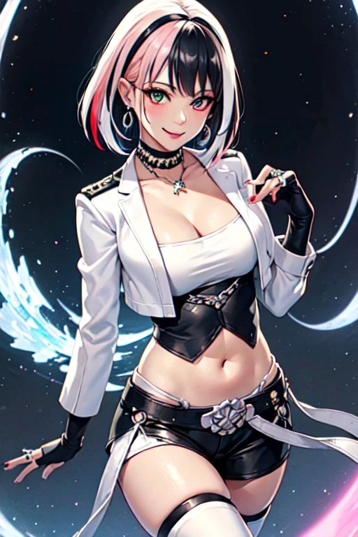 Luna_Snow, 1girl, solo, looking at viewer, smile, black hair, jewelry, white shirt, upper body, pink hair, earrings, medium hair, lips, streaked hair, makeup, ring, heterochromia eyes, choker, thighhighs, navel, cleavage, medium breasts, black cropped jacket, boots, elbow gloves, midriff, necklace, black footwear, white thighhighs, knee boots,