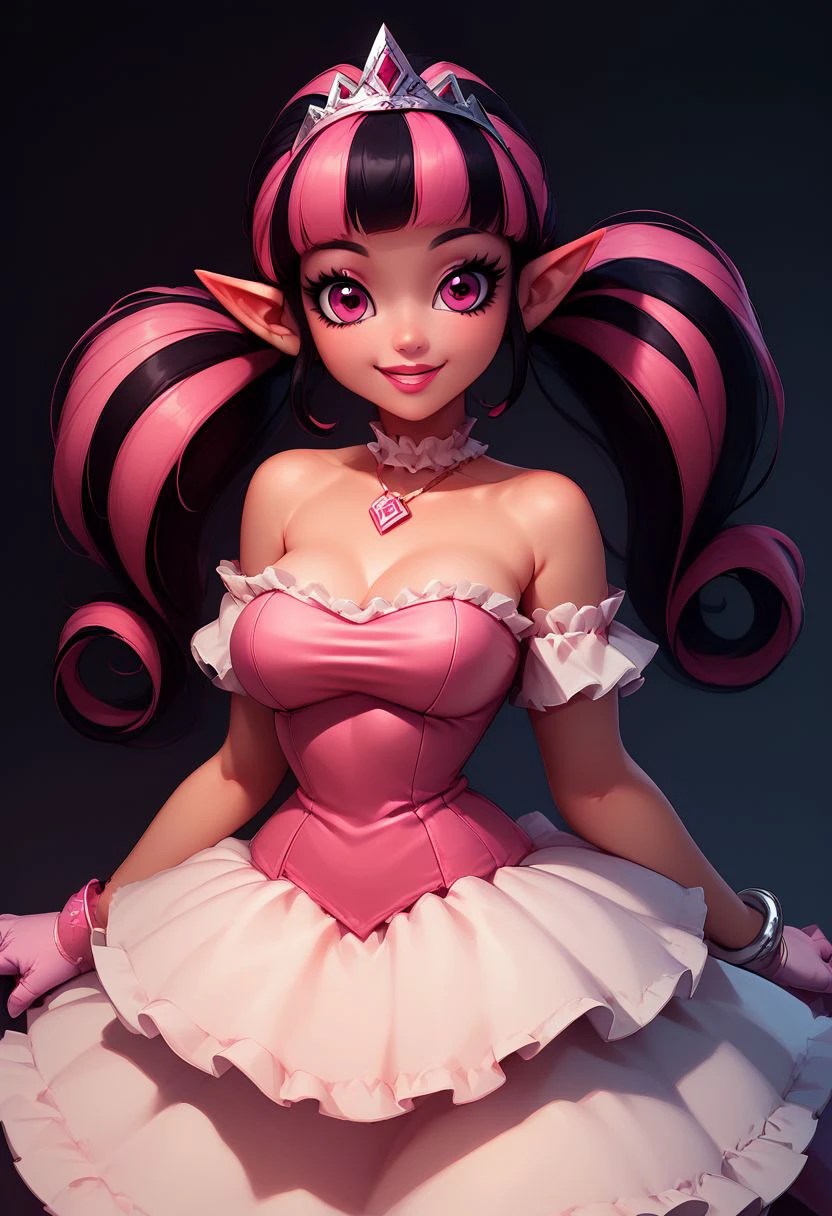 score_9, score_8_up, score_8, medium breasts, (curvy), cute, eyelashes, draculaura, solo, twintails, multiclored hair, pink hair, black hair, pink eyes, pointy ears, lips, bracelet, diamond (shape), dress, frilled dress, frills, gloves, jewelry, off shoulder, pendant choker, smile, strapless, strapless dress, tiara,