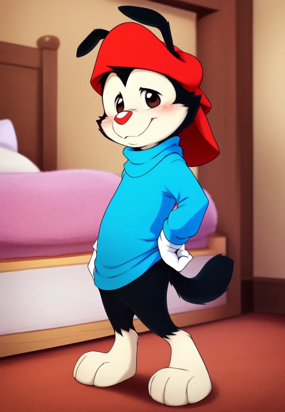 <lora:wakkoWornCartYif:1>     solo,   looking at viewer,  wakkoWornCartYif,  dog, red cap, blue T-shirt, White gloves, a long cat  tail,
(beautiful, aesthetic, perfect, delicate, intricate, masterpiece, )  textured fur, [Room, bed, blanket, pillows,]  (Hands on hips, standing,)
by dagasi, [[by smitty g]], [by personalami0.2], by cynicalstarr,