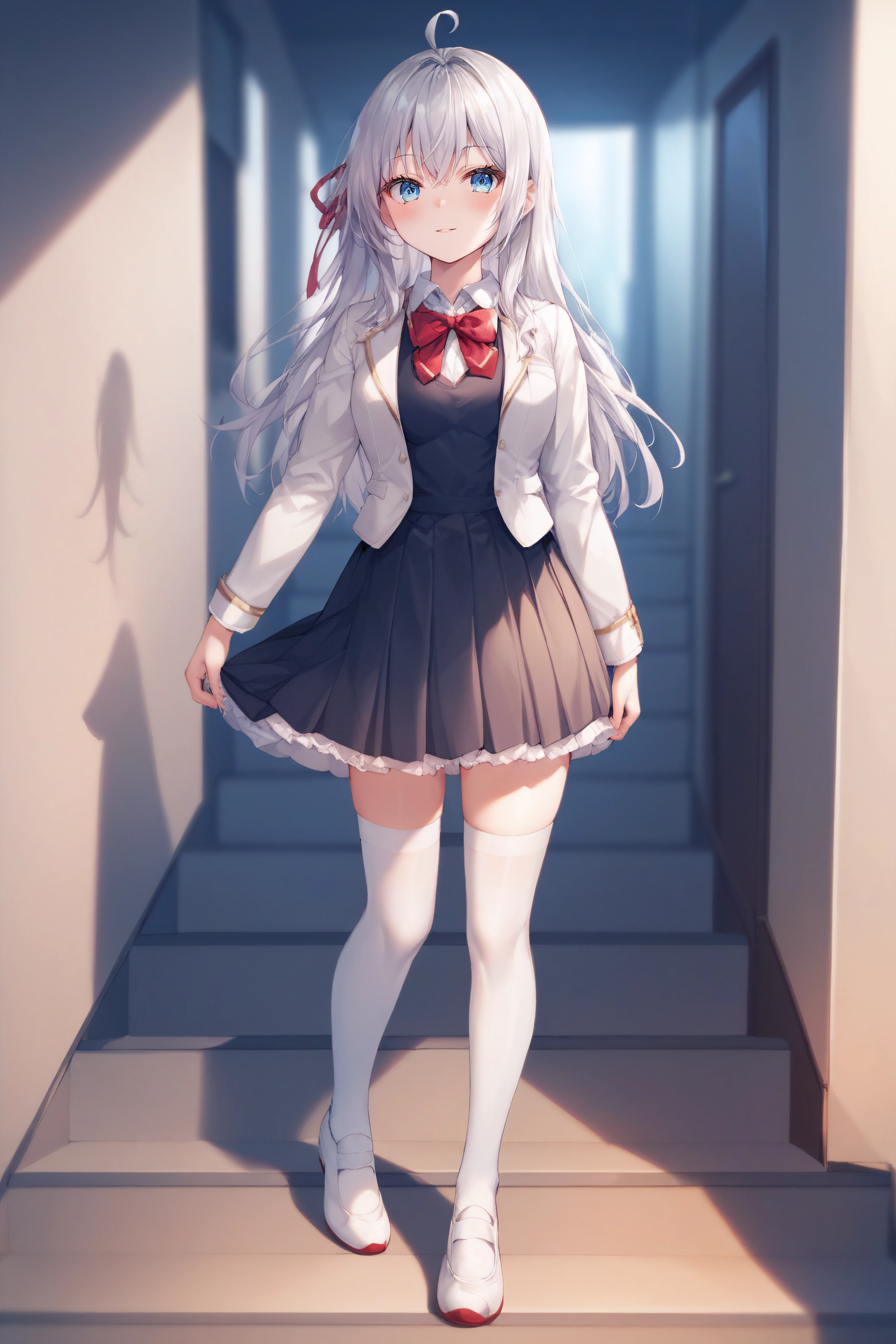 score_9, score_8_up, score_7_up, score_6_up, score_5_up, score_4_up, BREAK source_anime, <lora:alisa mikhailovna kujou-PonyXL:0.8> alisa mikhailovna kujou, blue eyes, silver hair, long hair, red hair ribbon, white shirt, ahoge, white shoes, black vest, school black dress, white thighhighs, short beige blazer, red bowtie, standing,