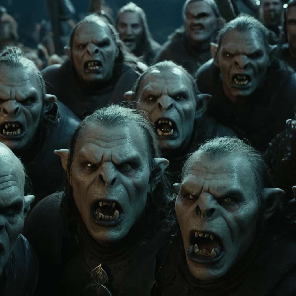 cinematic film still of <lora:The Lord of the Rings style v2:1>
In a Fantasy Middle-earth world in the dark ages Orcs a group of Orcman people with creepy faces and a lot of heads,ork,humanoid monsters,open mouth,male focus,multiple boys,teeth,facial hair,helmet,6+boys,realistic,mustache,bald,old,old man,statue,6+others , dramatic light, dramatic shadow light, film contrast, cinematic film color, cinematic film look, filmic, realistic, realism, perfection, perfect, movie still, fantasy drama, epic drama, fictional, Age of Wonders, Age of Empires, warriors, Medieval style, middle ages, dungeons and dragons style, different people, different, unique, kingdoms and castles, violent, aggressive, detailed, perfection, detailed face, detailed body, detailed hands, detailed eyes, sharp, horror themed, dark themed, epic fantasy adventure film style, Legendary, mythical, The Lord of the Rings style, shallow depth of field, vignette, highly detailed, high budget, bokeh, cinemascope, moody, epic, gorgeous, film grain, grainy