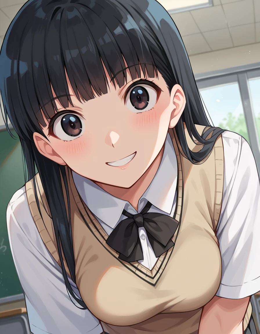 score_9, score_8_up, score_7_up, source_anime,
tsukasaayatsuji, <lora:tsukasa-ayatsuji-ponyxl-lora-nochekaiser:1>
tsukasa ayatsuji, black hair, long hair, bangs, blunt bangs, black eyes, smile,
kibito high school uniform, school uniform, sweater vest,
indoors, classroom, bent over,
looking at viewer, dutch angle, cowboy shot