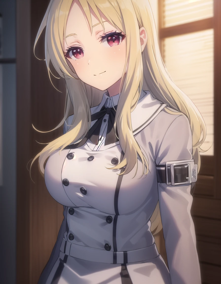 skshiki, <lora:sk shiki s1-lora-nochekaiser:1>,
shiki, long hair, bangs, blonde hair, hair ornament, (red eyes:1.3), sidelocks, hairclip, mole, (parted bangs:1.5), makeup, mole under mouth, eyeshadow,
BREAK shirt, long sleeves, ribbon, school uniform, jacket, white shirt, black ribbon, neck ribbon, buttons, grey jacket,
BREAK indoors, classroom,
BREAK looking at viewer, (cowboy shot:1.5), smile,
BREAK <lyco:GoodHands-beta2:1>, (masterpiece:1.2), best quality, high resolution, unity 8k wallpaper, (illustration:0.8), (beautiful detailed eyes:1.6), extremely detailed face, perfect lighting, extremely detailed CG, (perfect hands, perfect anatomy),