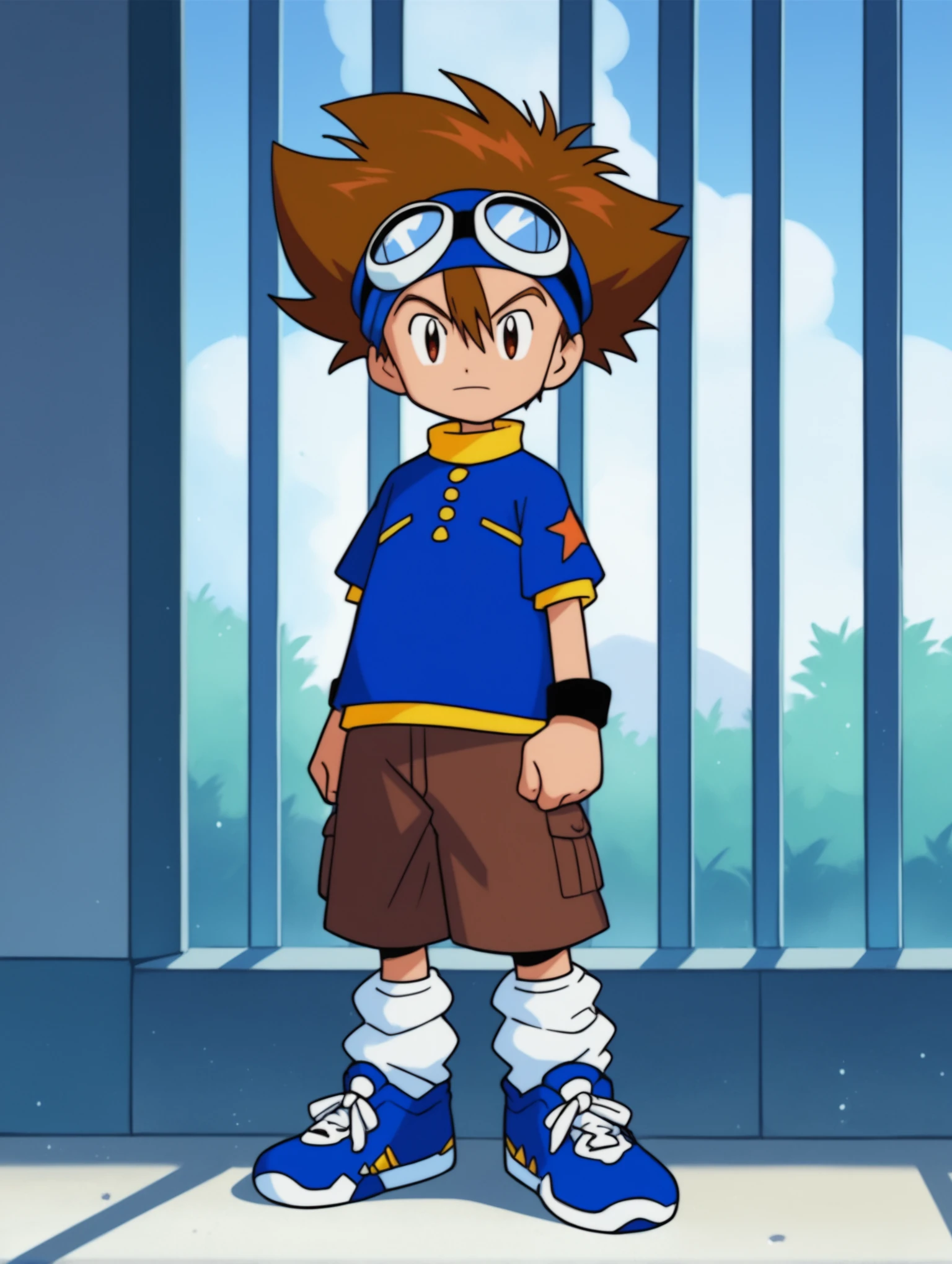 score_9, score_8_up, score_7_up, score_6_up, score_5_up, score_4_up, source_anime, BREAK
looking at viewer,  <lora:Digimon:0.8> digimon, 1boy, solo, taichi, brown hair, spiked hair, hair between eyes, goggles on head, goggles on head, blue shirt, yellow collar, brown shorts, white socks, loose socks, white and blue sneakers, grinning,