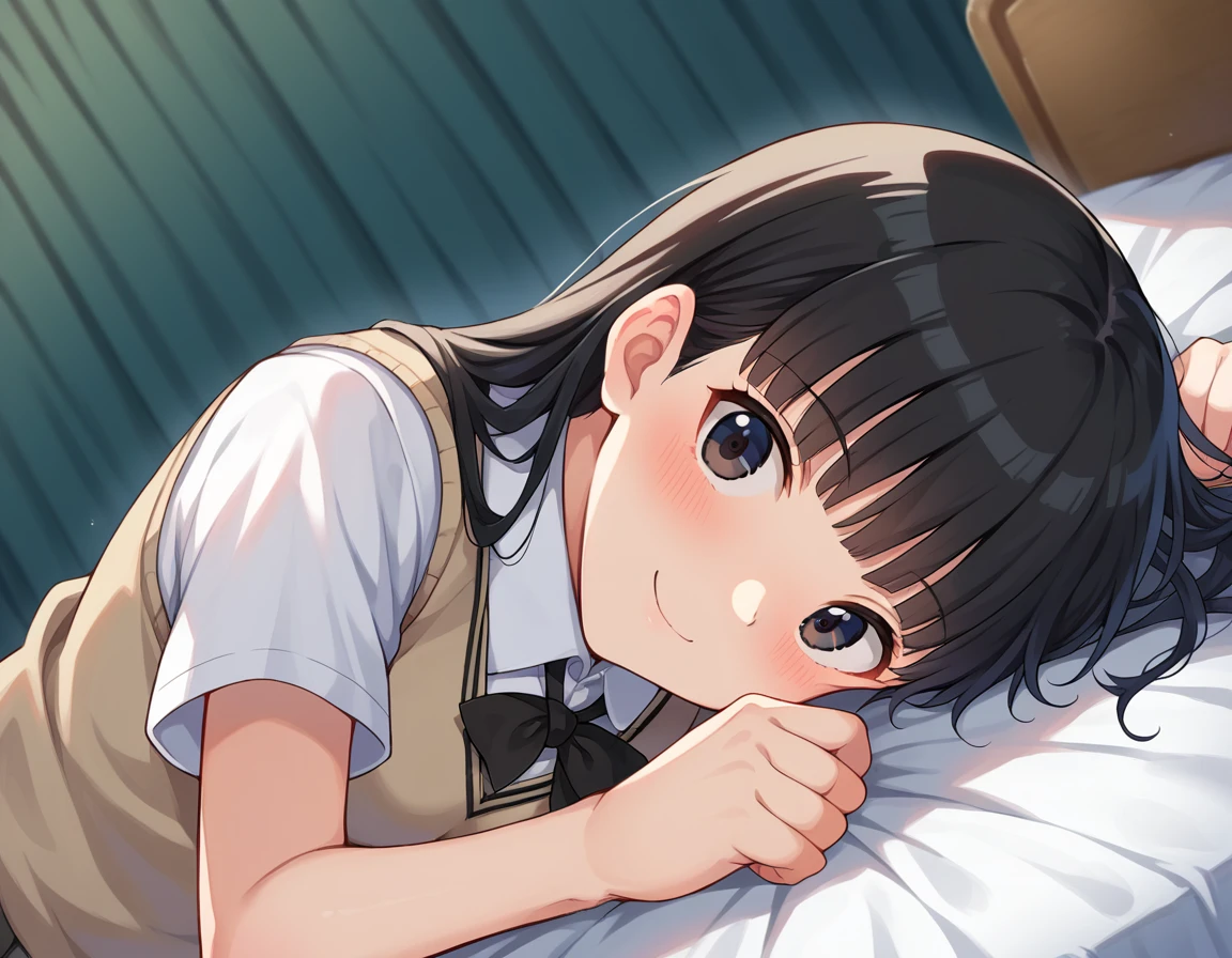score_9, score_8_up, score_7_up, source_anime,
tsukasaayatsuji, <lora:tsukasa-ayatsuji-ponyxl-lora-nochekaiser:1>
tsukasa ayatsuji, black hair, long hair, bangs, blunt bangs, black eyes, smile,
kibito high school uniform, school uniform, sweater vest,
indoors, bed, bed room, on side, blush, drunk,
looking at viewer, dutch angle, cowboy shot