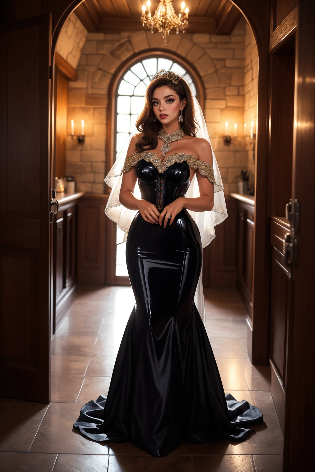 Fairy tale adult beautiful woman, solo,  brown hair beehive with soft bangs, (vintage veil:1.2) hair, eyeliner, eyeshadow, makeup, iridescent lips high quality, best quality, highres, high detail, standing,   <lora:BlackSilGown-44:0.7> dr3ss, pink:1.3 corset standing ((shiny liquid latex long skirt form-fitting)), jewelry, earrings, (dark brown rose trim), heels, full body, Cozy Florentine Wine Cellar with flickering candlelight illuminating rustic stone walls, creating an intimate atmosphere for savoring fine wine and conversation. . Magical, fantastical, enchanting, storybook style, highly detailed