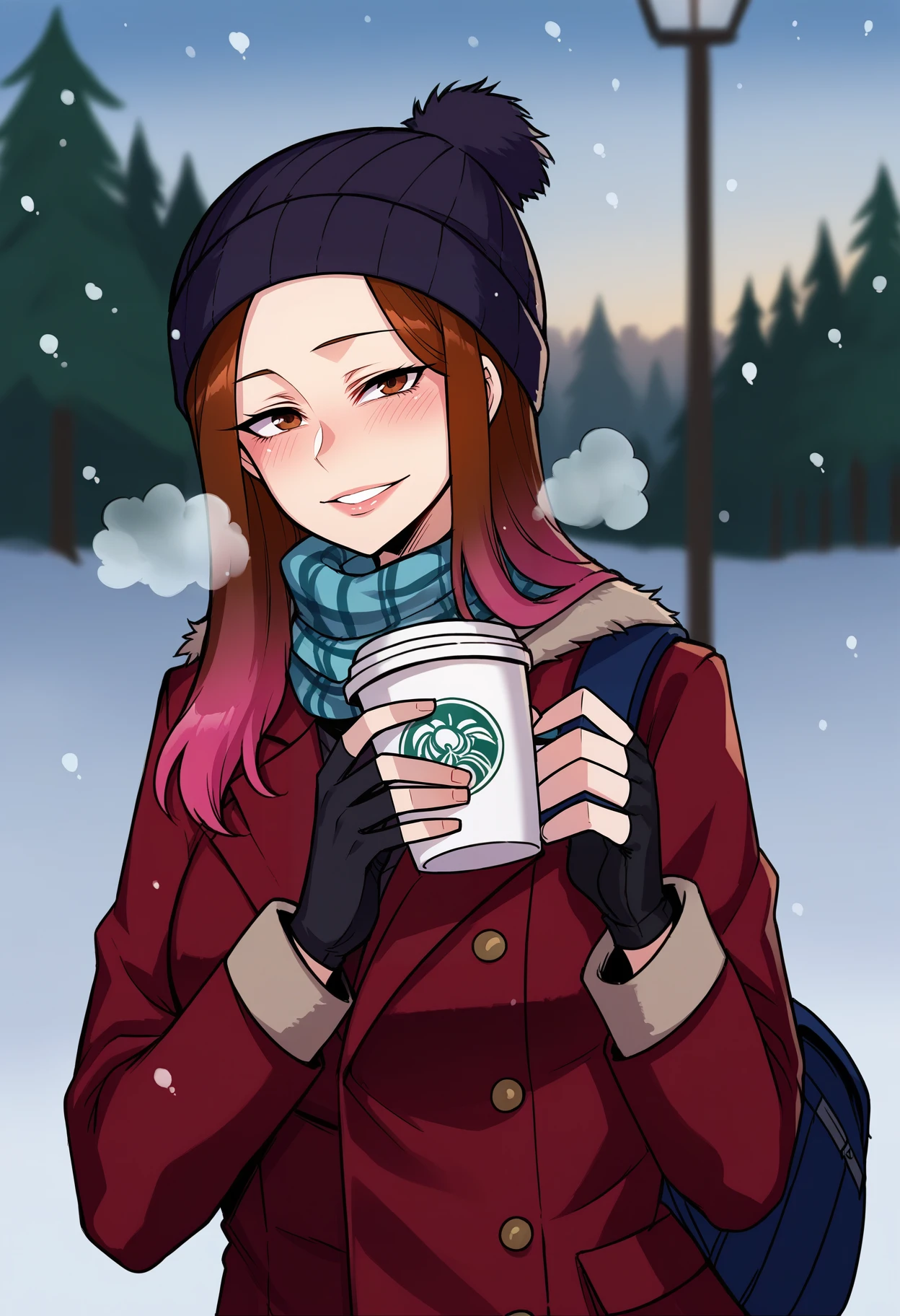 score_9, best quality, masterpiece, uncensored, source_anime
BREAK
1girl,solo,looking at viewer,smile,gloves,long sleeves,hat,holding,brown eyes,jacket,upper body,multicolored hair,outdoors,parted lips,day,black gloves,hood,fingerless gloves,bag,scarf,blurry,cup,lips,coat,plaid,gradient hair,blurry background,backpack,breath,holding cup,red headwear,snow,snowing,nose,beanie,winter clothes,disposable cup,winter,coffee cup,(large breasts:0.7),traditional media, rimlight
<lora:ratatatat74_pony_v2:1>