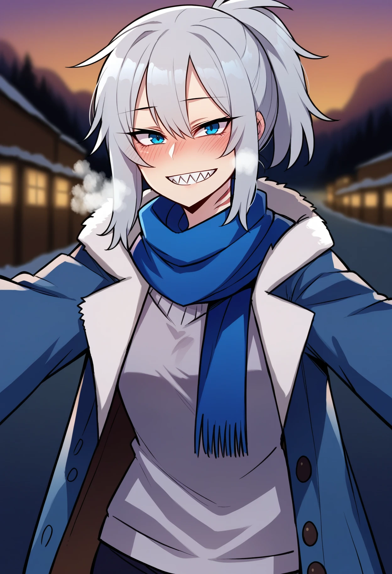 score_9, best quality, masterpiece, uncensored, source_anime
BREAK
1girl, blue coat, blue eyes, blue scarf, blurry, blurry background, blush, breath, coat, duffel coat, fur-trimmed coat, fur-trimmed hood, fur trim, gills, grey hair, grey sweater, grin, hair between eyes, hood, hood down, looking at viewer, meme, open clothes, open coat, outdoors, ponytail, pov, pov cheek warming (meme), reaching, reaching towards viewer, scarf, shark girl, sharp teeth, smile, solo, sweater, teeth, toggles, winter clothes, winter coat
<lora:ratatatat74_pony_v2:1>