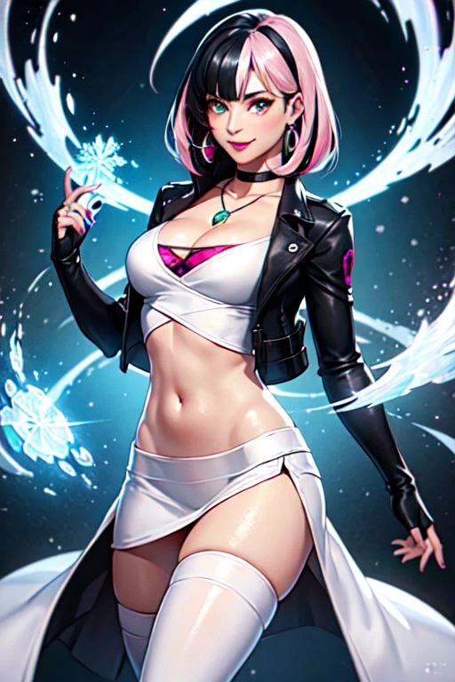 Luna_Snow, 1girl, solo, looking at viewer, smile, black hair, jewelry, white shirt, upper body, pink hair, earrings, medium hair, lips, streaked hair, makeup, ring, heterochromia eyes, choker, thighhighs, navel, cleavage, medium breasts, black cropped jacket, boots, elbow gloves, midriff, necklace, black footwear, white thighhighs, knee boots,