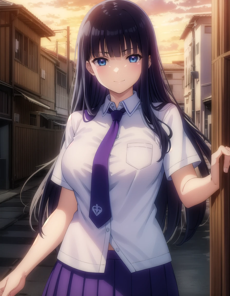 rinko,mature female,large breasts, messy hair style,wavy long hair,blue hair, hair between eyes, purple eyes,(school uniform, neck tie,miniskirt:1.1),(sweat gleaming skin:1.1), outdoors,sunlight, spotlight effect,bright sky, blue sky with clouds,strong wind, (kyoto background),(highres, high quality:1.1), intricate details, cinematic lighting, 1girl,(red blush,angry),(Necklace, bracelet),(Remote Play:1.2), (remote_vibrating:1.2), ((Hand holding a button at the bottom left of the screen:1.3))、