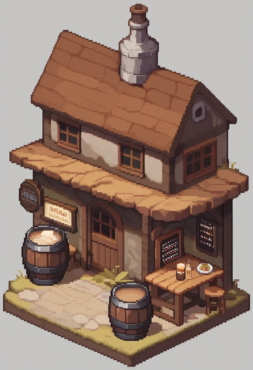 <lora:pixel_art:1>,Abar_\(place\), barrel, beer_mug, bottle, commission, english_commentary, fence, grey_background, house, menu_board, no_humans, pixel_art, still_life, table