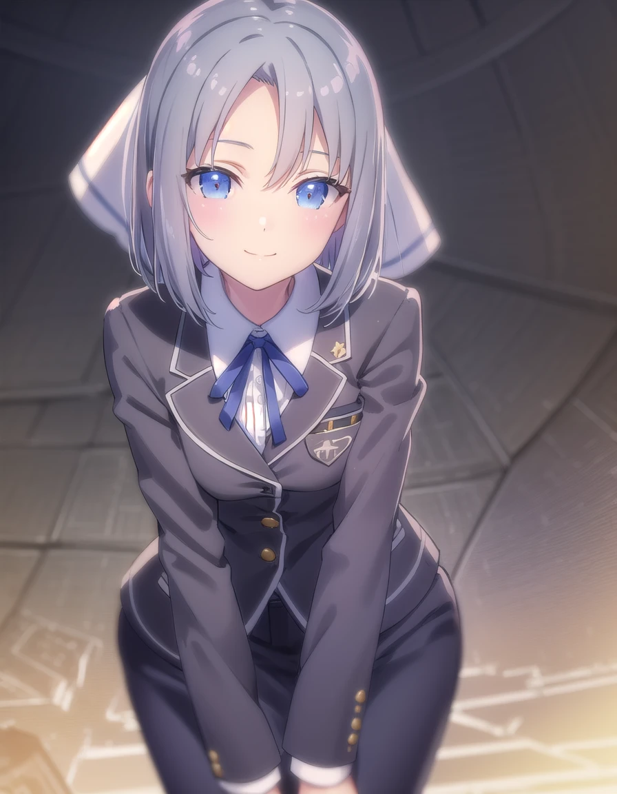 skyumi, <lora:sk yumi s1-lora-nochekaiser:1>,
yumi, short hair, blue eyes, grey hair, hair bow, (parted bangs:1.5),
BREAK shirt, long sleeves, ribbon, school uniform, jacket, white shirt, black ribbon, neck ribbon, buttons, grey jacket,
BREAK indoors, classroom,
BREAK looking at viewer, (cowboy shot:1.5), smile,
BREAK <lyco:GoodHands-beta2:1>, (masterpiece:1.2), best quality, high resolution, unity 8k wallpaper, (illustration:0.8), (beautiful detailed eyes:1.6), extremely detailed face, perfect lighting, extremely detailed CG, (perfect hands, perfect anatomy),