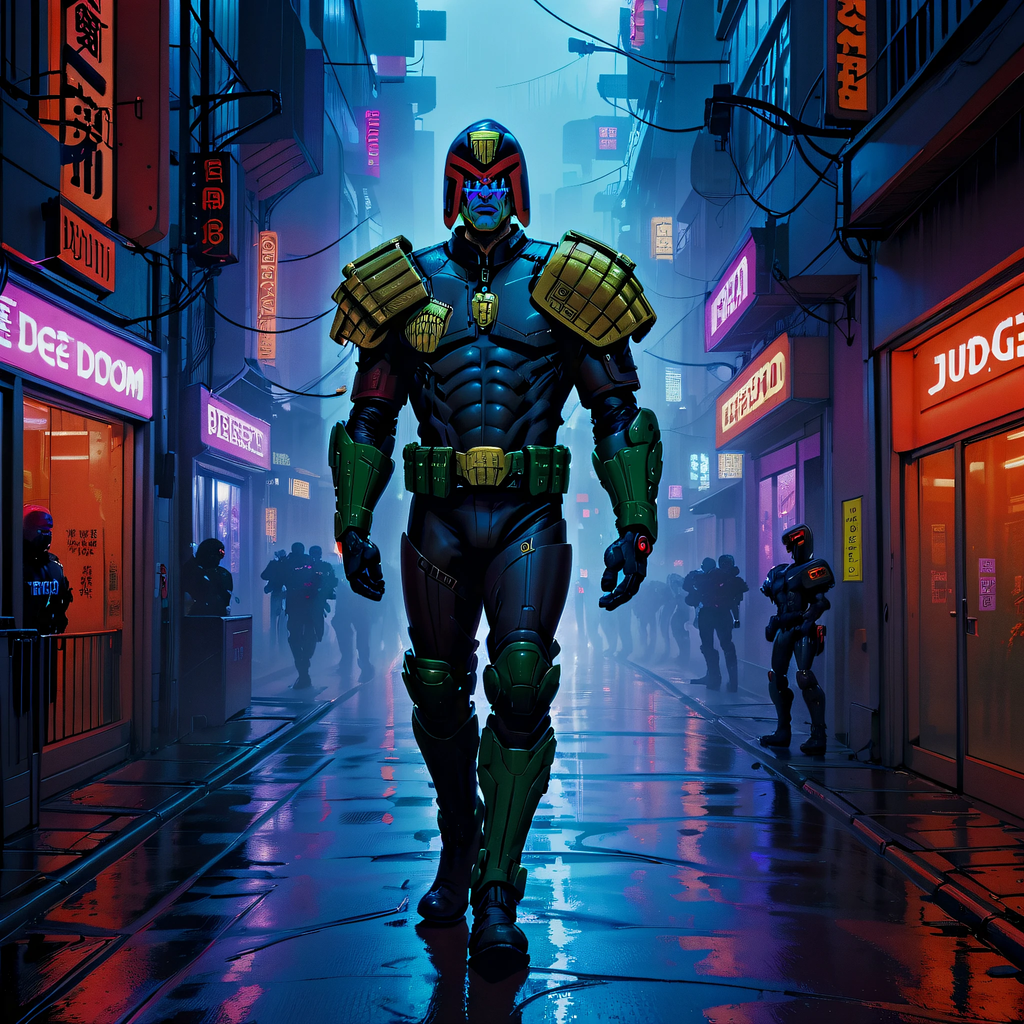 judge dredd walking down a city street in armor and uniform wearing a helmet, jdgdrddcom, cyberpunk city, neon lights, red and uv light, rain, fog, filth,