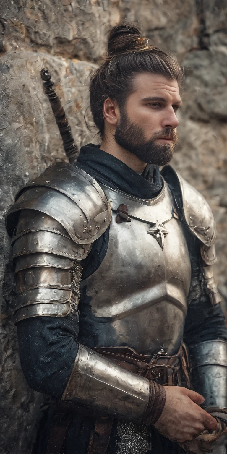 WakeWilder <lora:WakeWilderSDXL1.2:1.1>
Raw photo, 8k, highly detailed, man bun, beard, looking at the viewer, dressed as a paladin knight, silver armor, medieval armor, metal reflections, wall mounted torch, stone wall, well lit, cinematic lighting, sharp focus