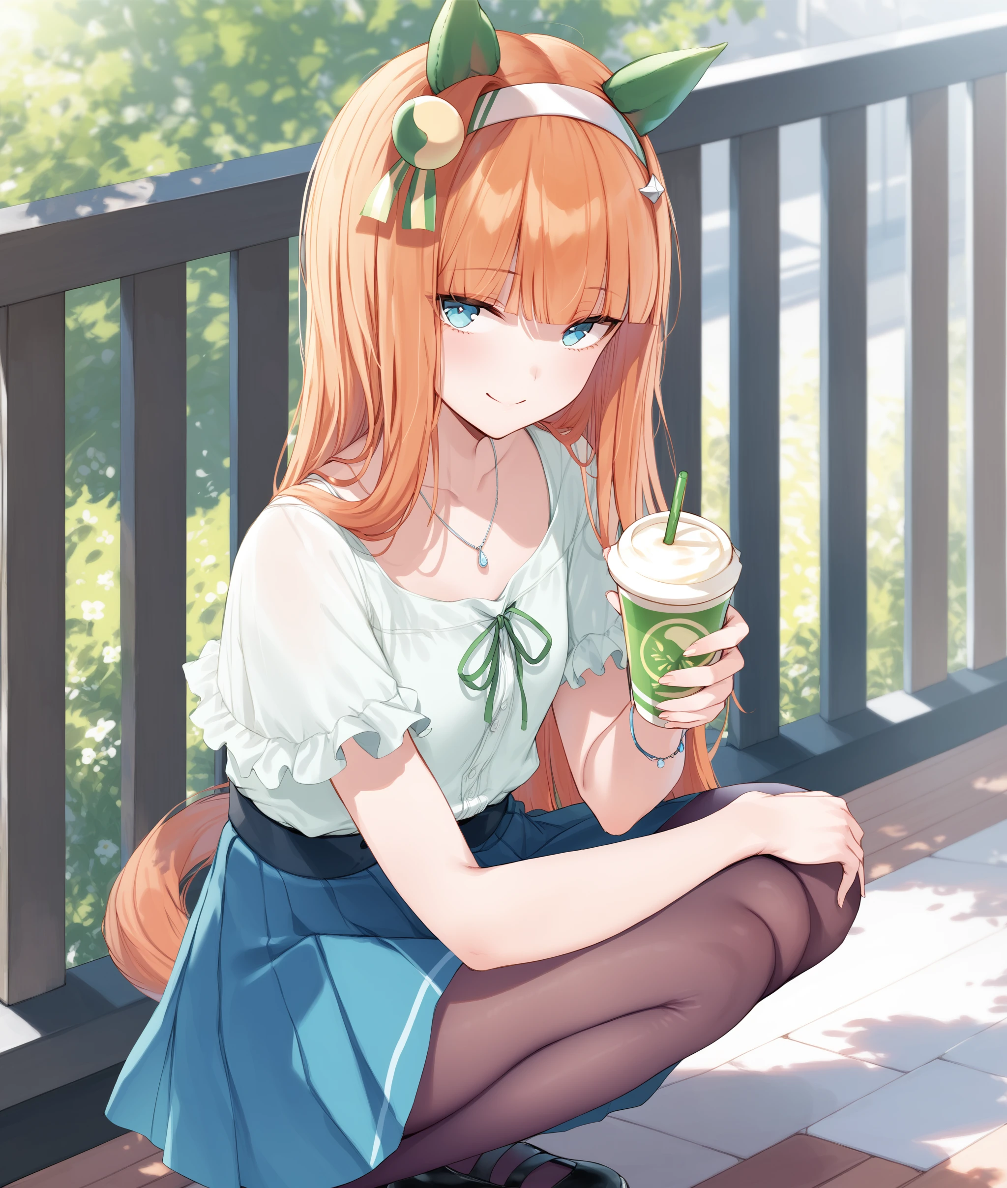 score_9, score_8_up, score_7_up BREAK
casual_clothes, 1girl, solo, long hair, looking at viewer, smile, bangs, blue eyes, skirt, shirt, holding, animal ears, jewelry, closed mouth, collarbone, tail, full body, white shirt, short sleeves, pantyhose, pleated skirt, hairband, frills, shoes, blunt bangs, necklace, black footwear, orange hair, cup, blue skirt, black pantyhose, squatting, horse ears, horse girl, blouse, casual, holding cup, mary janes, horse tail, drinking straw, white hairband, hime cut, frilled shirt, disposable cup, ear covers,
<lora:silence_suzuka-ponyXL:1>,