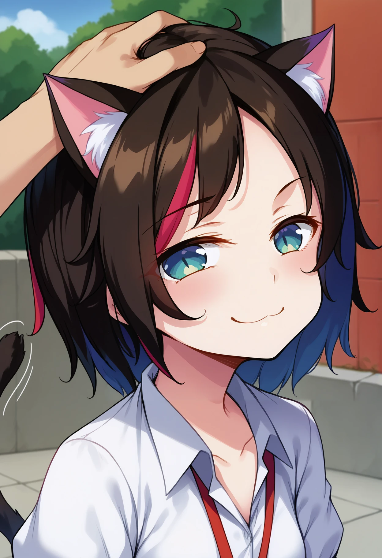 score_9, best quality, masterpiece, uncensored, source_anime
BREAK
1girl, male pov, smug, headpat, hand on another's head, cat ears, cat tail, streaked hair, standing, outdoors, detailed background, motion lines
<lora:ke-ta_pony_v5:1>