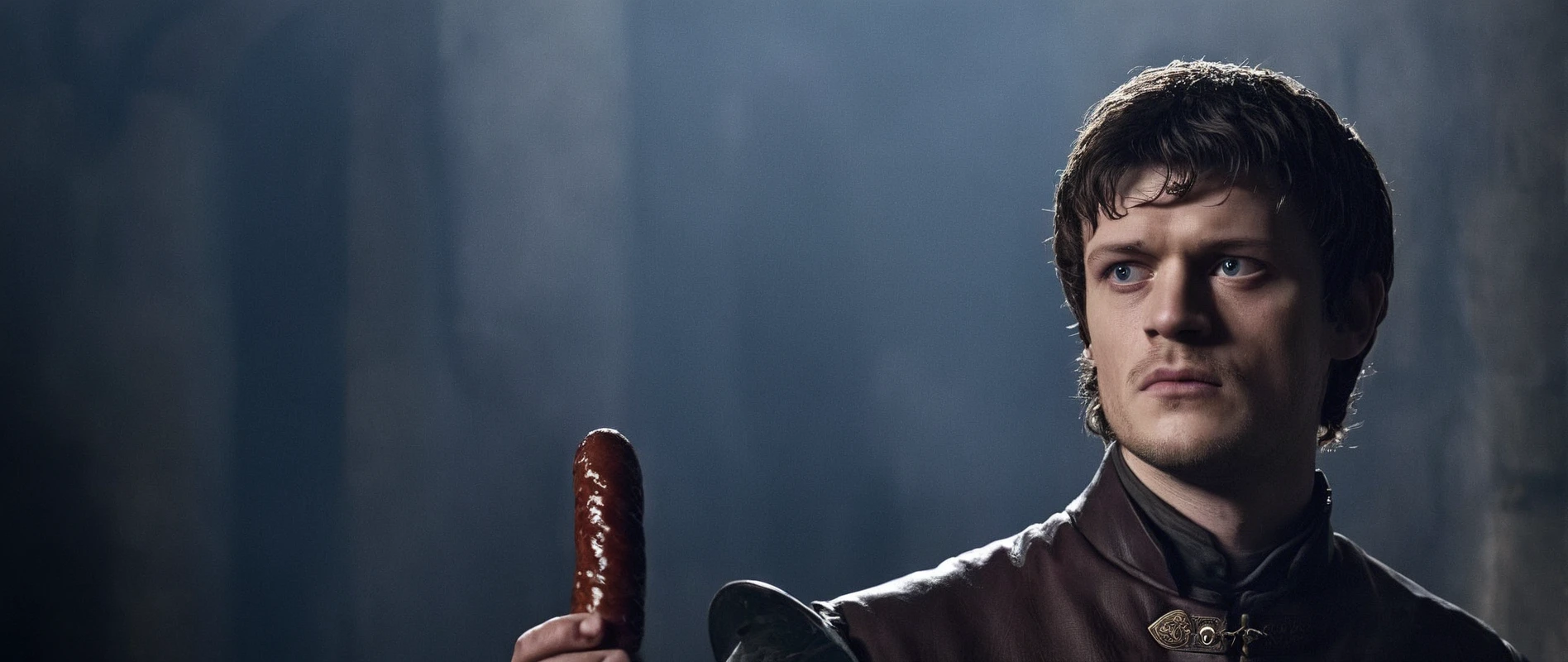 cinematic film still of  <lora:Game of Thrones style:1>
 <lora:Film Grain style:0.5> Film Grain style
 <lora:Chiaroscuro Lighting Style:0.6> Chiaroscuro Lighting style
In medieval times Iwan Rheon Ramsay Bolton a man holding peace of meat sausage,solo,short hair,blue eyes,black hair,1boy,holding,male focus,hood,knife,realistic,holding knife,dark , cinematic, film, movie still, movie style, film style, fantasy drama, epic drama, dramatic light, dramatic shadow, fictional, Age of Wonders, Age of Empires, warriors,  Medieval style, middle ages, dungeons and dragons style, contrast, color, different people, different, unique, kingdoms and castles style, violent, aggressive, detailed, perfection, detailed face, detailed body, detailed hands, detailed eyes, sharp, Game of Thrones style, shallow depth of field, vignette, highly detailed, high budget, bokeh, cinemascope, moody, epic, gorgeous, film grain, grainy