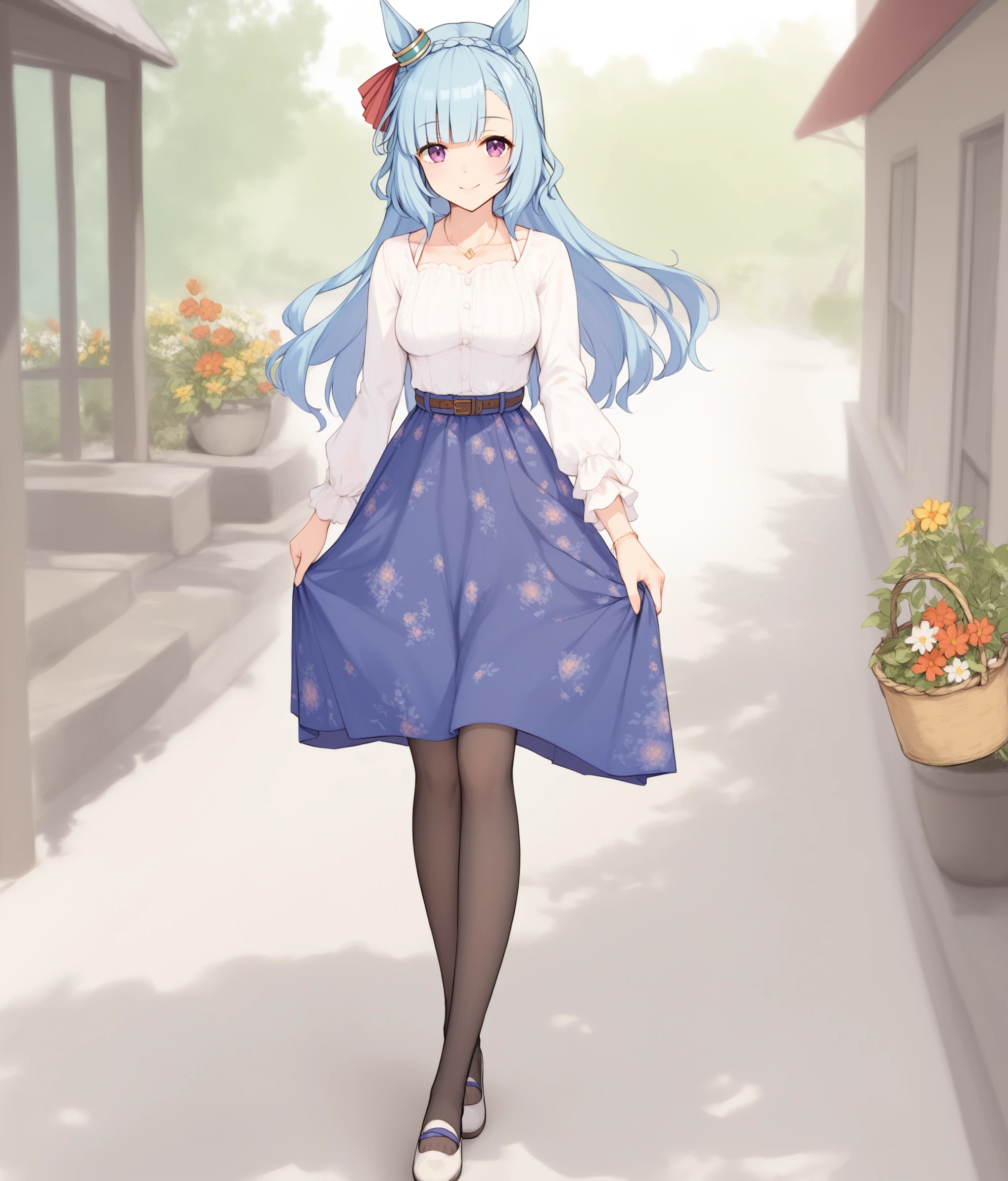 score_9, score_8_up, score_7_up, source_anime, 2D, anime BREAK
casual_clothes, 1girl, solo, long hair, breasts, looking at viewer, blush, smile, bangs, skirt, shirt, long sleeves, animal ears, jewelry, closed mouth, blue hair, standing, purple eyes, collarbone, full body, white shirt, braid, pantyhose, belt, necklace, blue skirt, black pantyhose, floral print, horse ears, horse girl, crown braid, shoes,
<lora:mejiro_ardan-ponyXL-000006:0.8>,