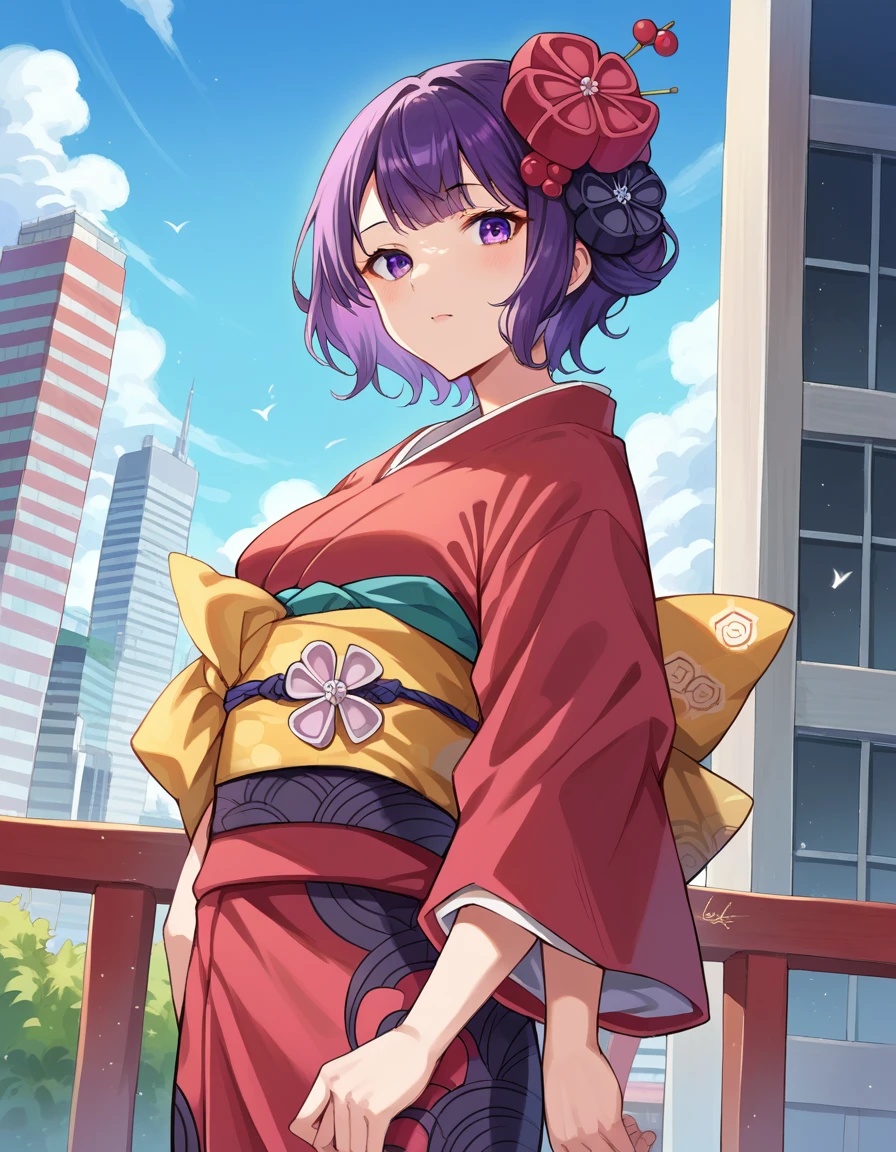score_9, score_8_up, score_7_up, source_anime,
katsushikahokusai, <lora:katsushika-hokusai-ponyxl-lora-nochekaiser:1>
hokusai, bangs, purple eyes, purple hair, mature female,
short hair, hair ornament, flower, hair flower, hairpin, japanese clothes, kimono, sash, obi, red kimono, black kimono,
outdoors, cityscape,
looking at viewer, dutch angle, cowboy shot
