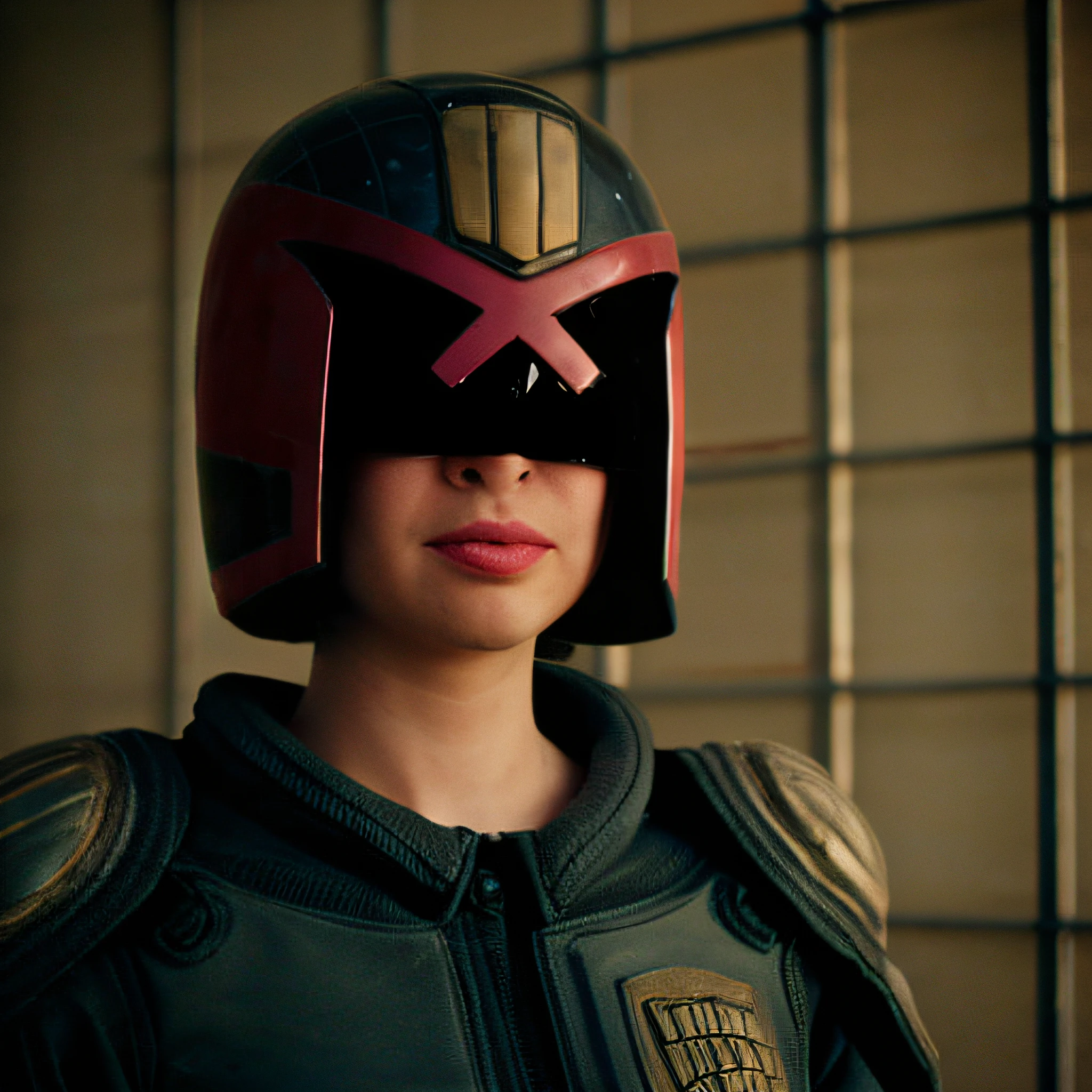 1girl, helmet, armor, uniform, jdgdrdd, looking at viewer, indoor, bokeh, portrait, film grain,