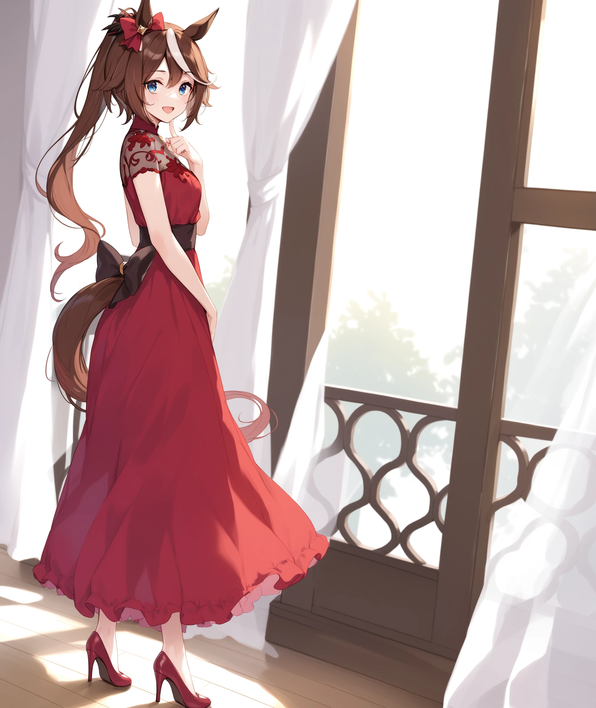 score_9, score_8_up, score_7_up, source_anime BREAK
evening_dress, 1girl, solo, long hair, looking at viewer, smile, open mouth, bangs, blue eyes, brown hair, dress, bow, animal ears, standing, tail, ponytail, white hair, short sleeves, hair bow, multicolored hair, indoors, red bow, high heels, two-tone hair, streaked hair, see-through, window, red dress, horse ears, curtains, horse girl, horse tail
bare legs, high heels, <lora:tokai_teio-ponyXL:0.8>,