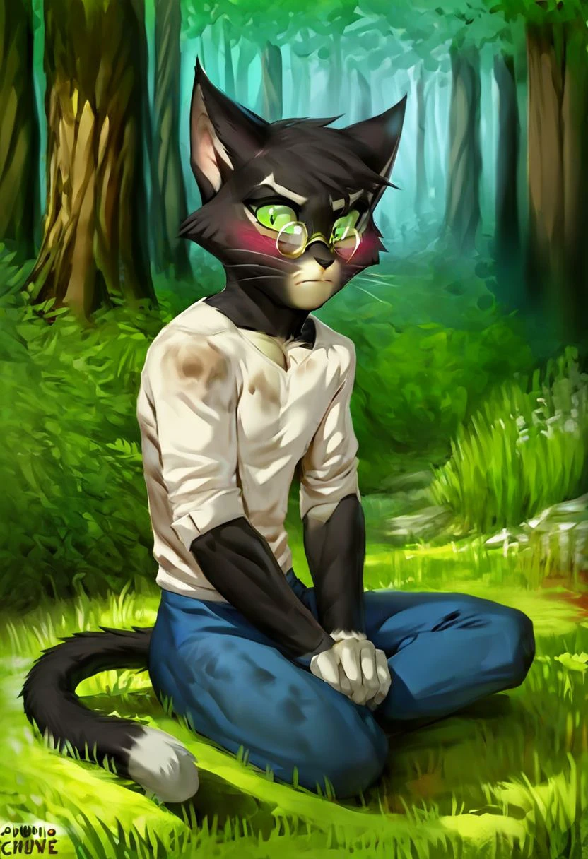 Mordecai[lackadaisy], mordecai heller[lackadaisy], tuxido cat, feline, black body, black fur, green eyes, white eyebrows, suit, red tie, necktie, white shirt, shirt, large coat, coat, gold glasses, glasses, (male anthro cat:1.5).
Solo, alone, by himself, 1boy, male.
athletic, athletic body, muscles. (athletic body), (albino body:1.1),
Realistic, Furry, Animalistic features, Anthro, Detailed, Shaded.
clothing clothed
HD, digital painting, digital art, masterpiece.
Sitting, sitting down, on ground, legs open. blushing, 
outside, forest, trees, woods, grass, plants, grassy floor (inside:1.35). 
closed mouth, embarrassed, scared emotion, (blushing:0.5).
HD, digital painting, digital art, masterpiece ((full length portrait)), digital drawing (artwork), digital media (artwork), hi res.  negative_hand. {{by artie}}}, sketch,  {{{by artiessauce}}}.