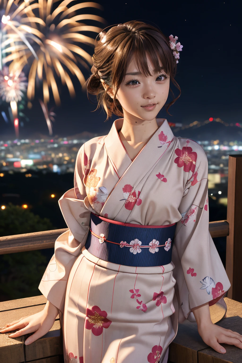 1girl,(wearing a yukata with floral pattern:1.2),(on a hill overlooking a city:1.4),(fireworks in the background:1.3),(RAW photo, best quality), (realistic, photo-realistic:1.4), masterpiece, an extremely delicate and beautiful, extremely detailed, 2k wallpaper, Amazing, finely detail, extremely detailed CG unity 8k wallpaper, ultra-detailed, highres, soft light, beautiful detailed girl, extremely detailed eyes and face, beautiful detailed nose, beautiful detailed eyes,cinematic lighting,city lights at night,starry sky,perfect anatomy,dynamic angle,modest pose,(short hair:1.2),(in the center of image),light smile
,mihirolora <lora:mihirolora:1>