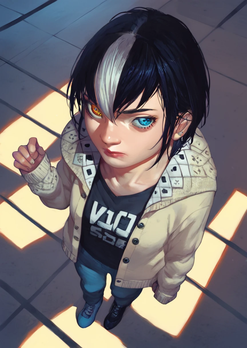 1girl,Kil_Soli,samurahiroaki,Die Wergelder,hearing aid,heterochromia,black and white hair color,two-tone hair,from above, dutch angle,cardigan,standing,space station,<lora:Soli-XL_002:0.8>,, score_9,score_8_up,score_7_up,score_6_up,
