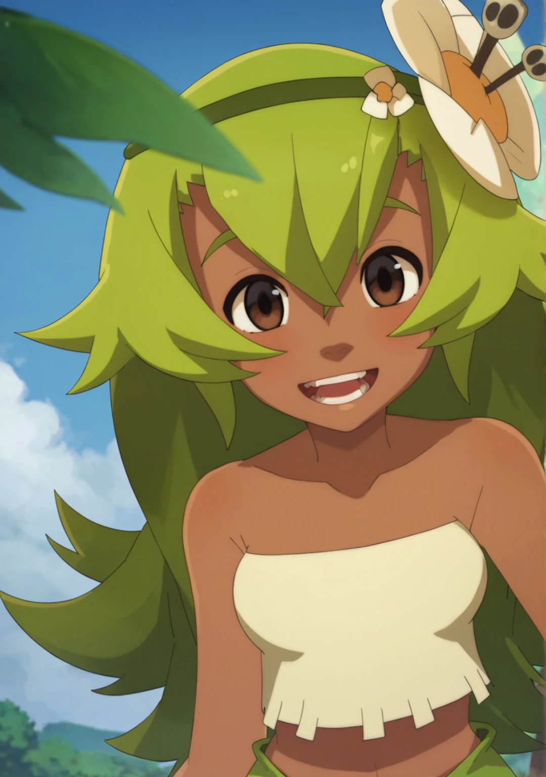 score_8_up, score_7_up, anime screenshot, looking at viewer, clouds
<lora:Amalia (Autism SDXL)-000005:0.8> 1girl, amalia sheran sharm, green hair, green hairband, hair ornament, hair flower, dark skin, brown eyes, strapless, tube top, leaf skirt, 
looking at viewer, open mouth, upper body,  sitting, on ground,