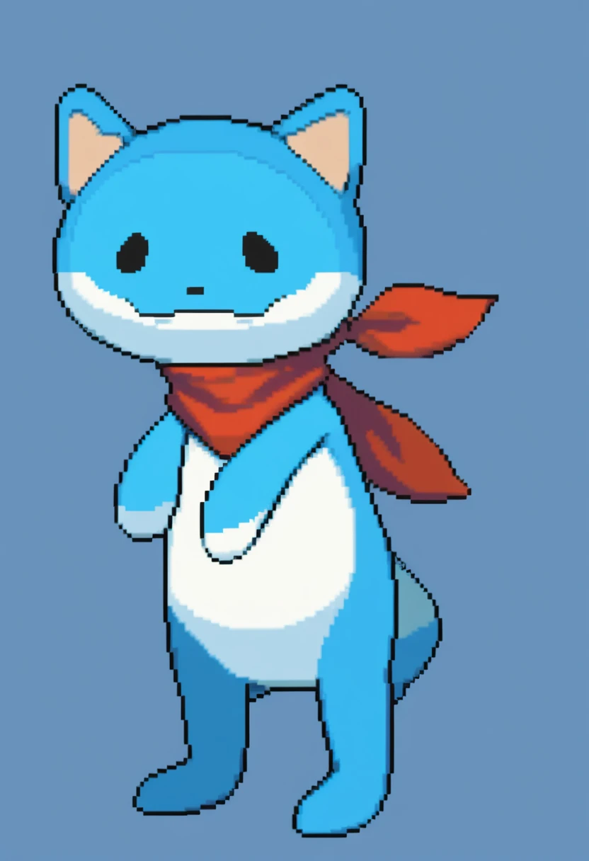 <lora:pixel_art:1>,blue_fur, closed_mouth, highres, looking_at_viewer, no_humans, pixel_art, red_bandana, sommie_\(fire_emblem\), standing, tri_tails, white_fur