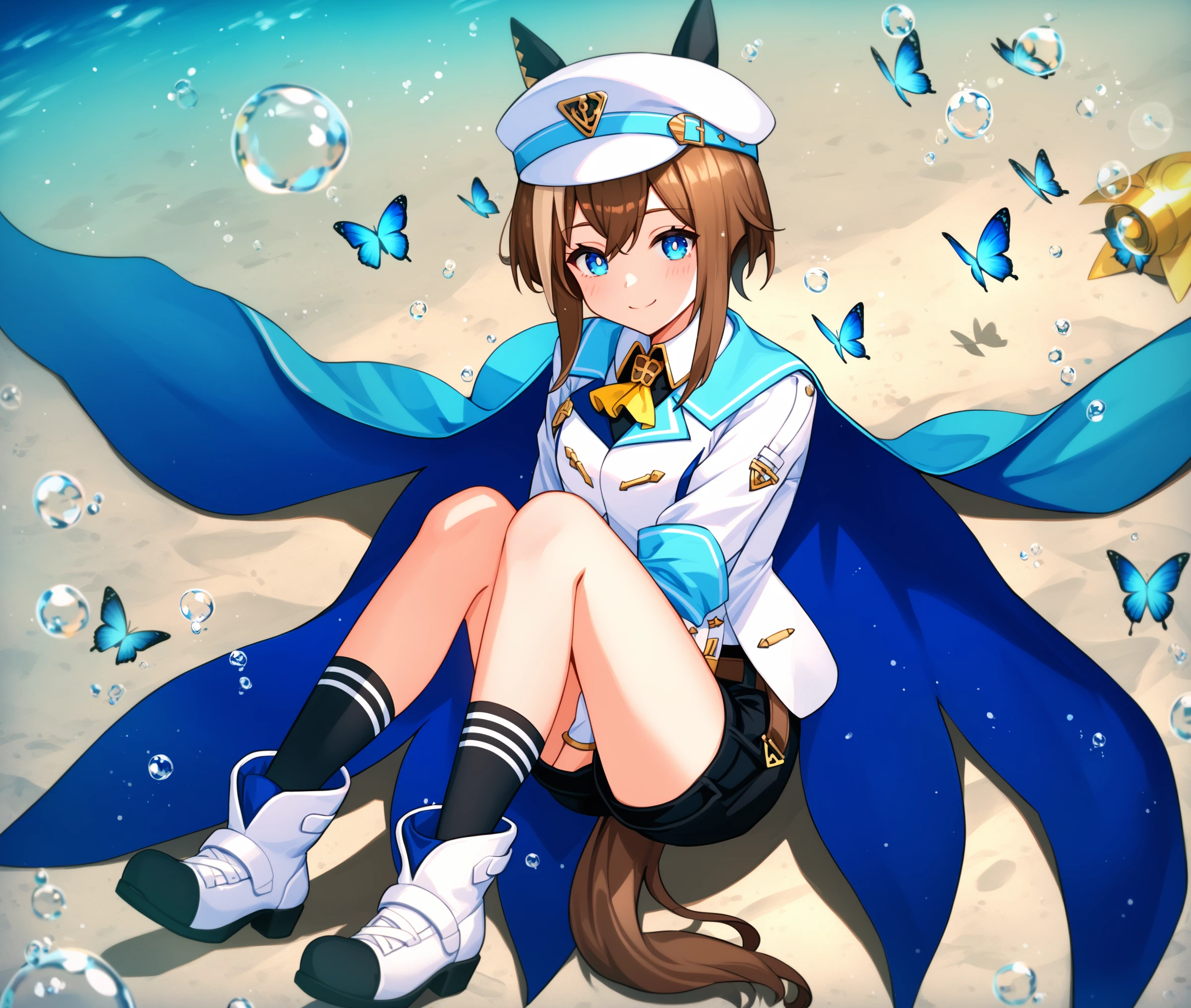 score_9, score_8_up, score_7_up, source_anime BREAK
shobufuku, 1girl, solo, long hair, looking at viewer, smile, bangs, blue eyes, brown hair, shirt, gloves, long sleeves, hat, animal ears, closed mouth, tail, full body, white shirt, multicolored hair, boots, shorts, socks, cape, kneehighs, white headwear, black shorts, white footwear, horse ears, horse girl, (black socks), glowing blue butterfly, horse tail, bubble, underwater, hugging own legs, air bubble,
<lora:cheval_grand-ponyXL:0.8>,