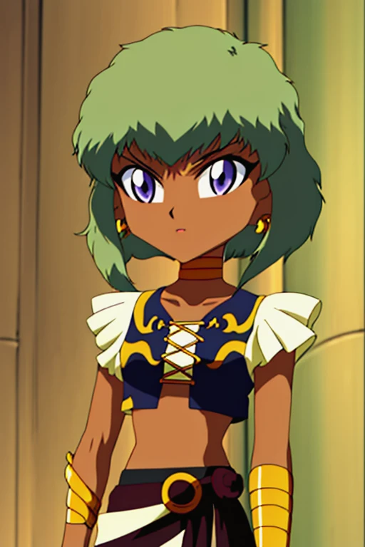 purple eyes, brown skin, frills, crop_top, midriff, navel, battle b-daman series style, feresu(battle b-daman), chibi, 1girl, solo, dark skin, retro artstyle, jewelry, dark-skinned female, green hair, 1990s (style), short hair, earrings <lora:FeresuBattle_B-Daman_Fire_Spirits:0.8>